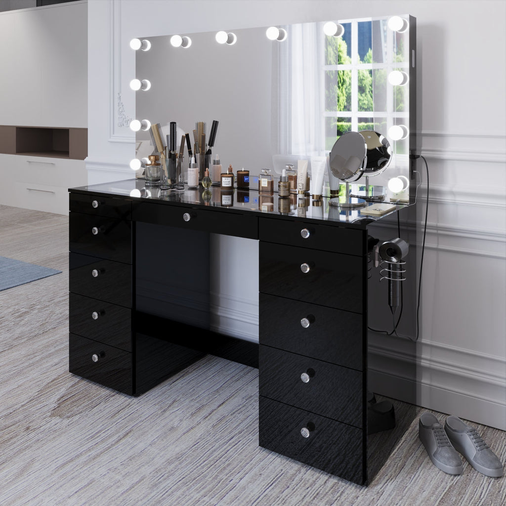 Boahaus Orla Makeup Vanity Table with Built-in Lights, USB Ports & Glass Top | Premium Design