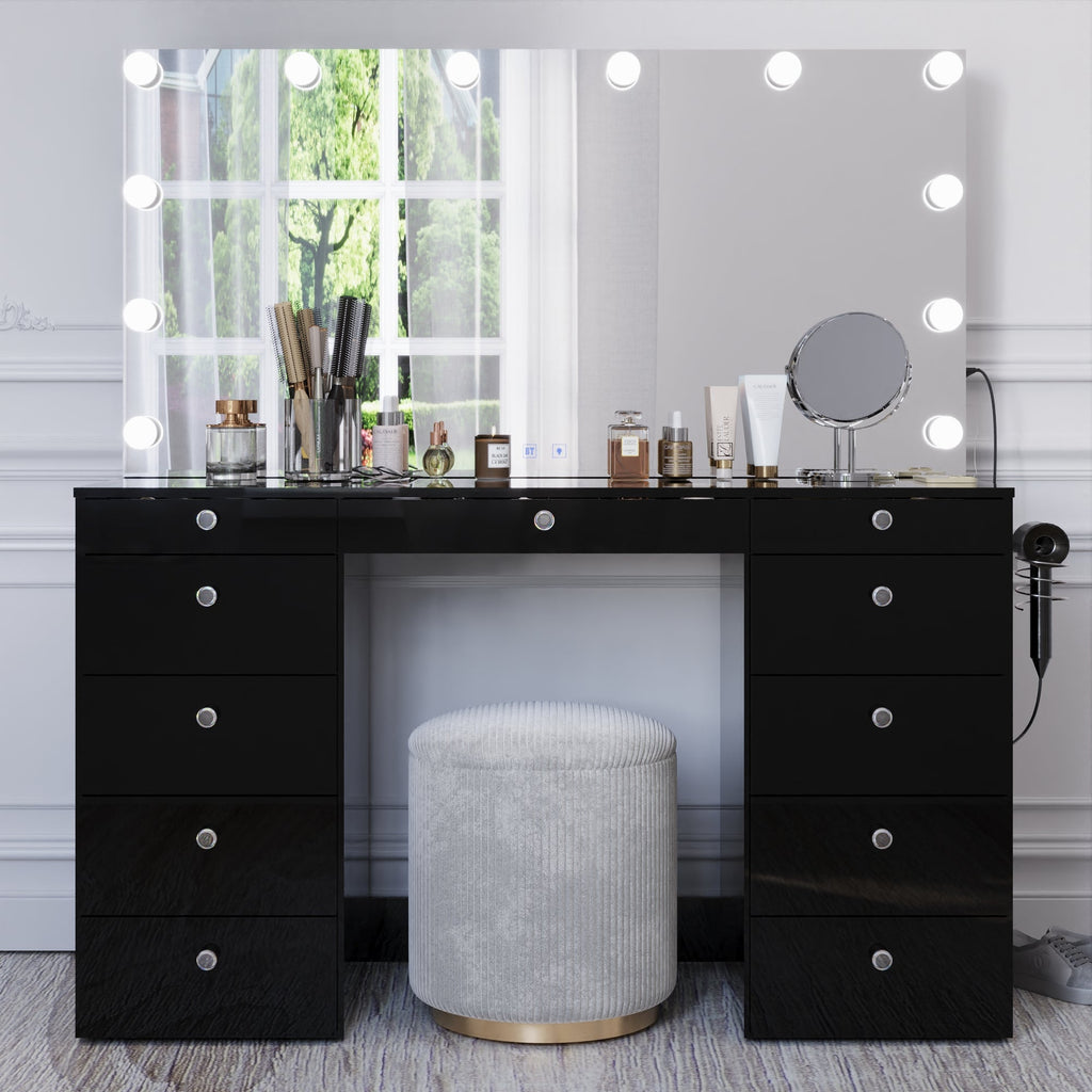 Boahaus Orla Makeup Vanity Table with Built-in Lights, USB Ports & Glass Top | Premium Design