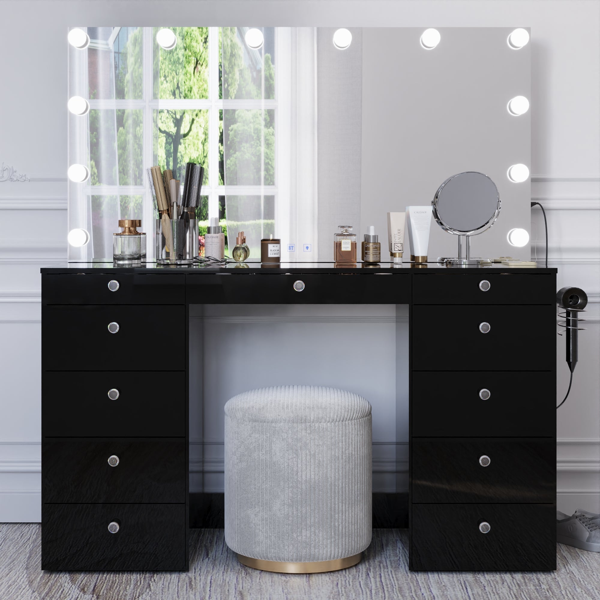 Boahaus Orla Makeup Vanity Table with Built-in Lights, USB Ports & Glass Top | Premium Design
