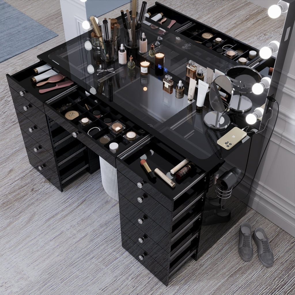 Boahaus Orla Makeup Vanity Table with Built-in Lights, USB Ports & Glass Top | Premium Design
