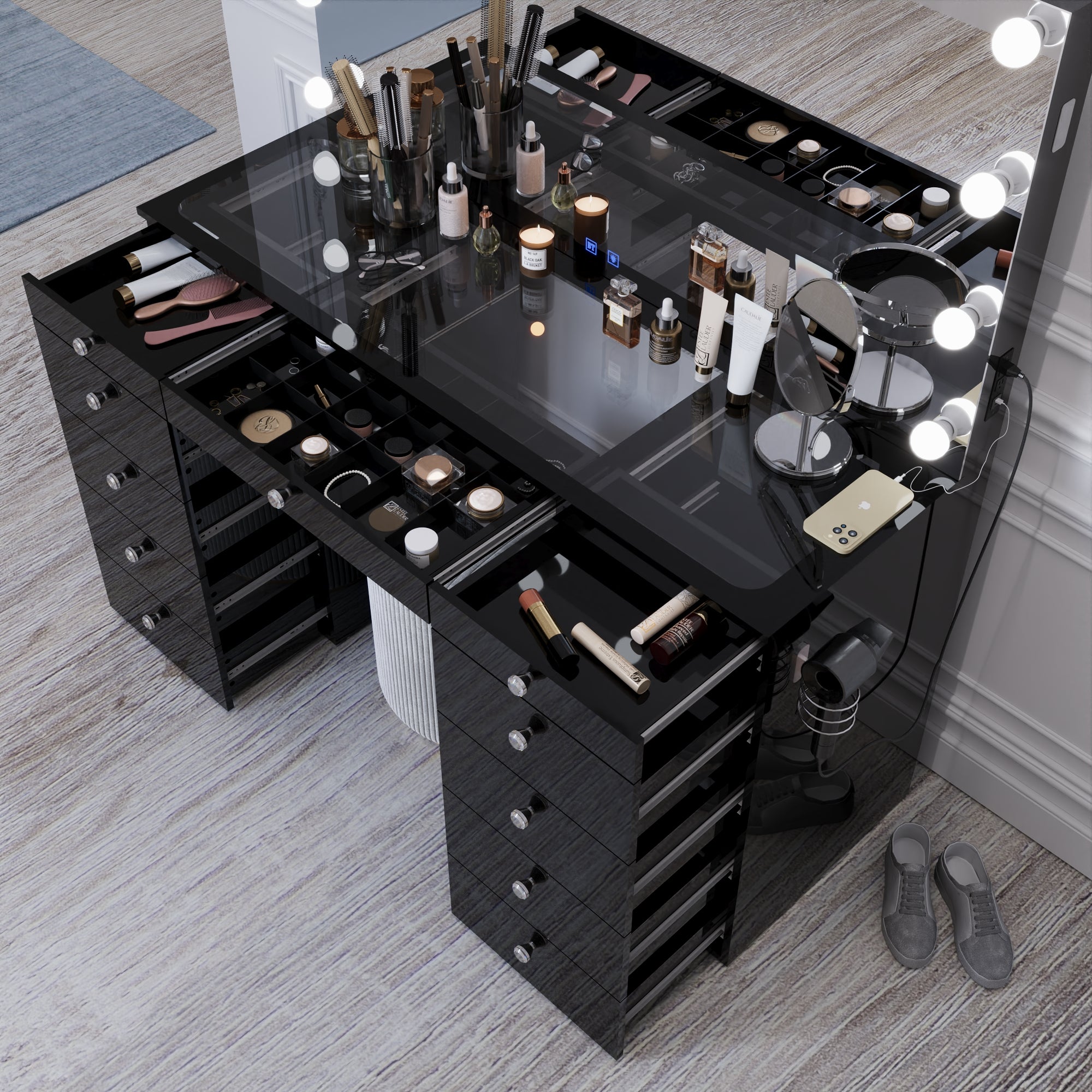 Boahaus Orla Makeup Vanity Table with Built-in Lights, USB Ports & Glass Top | Premium Design