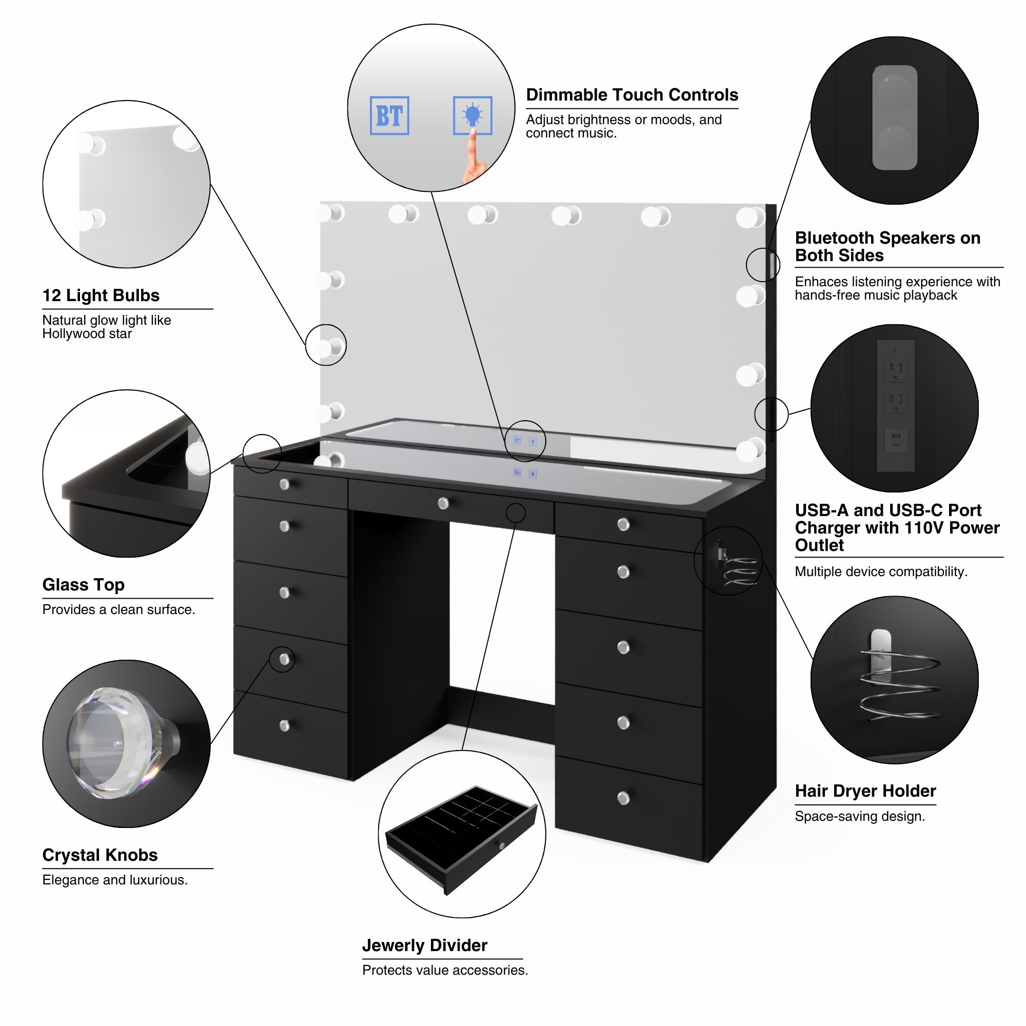 Boahaus Orla Makeup Vanity Table with Built-in Lights, USB Ports & Glass Top | Premium Design