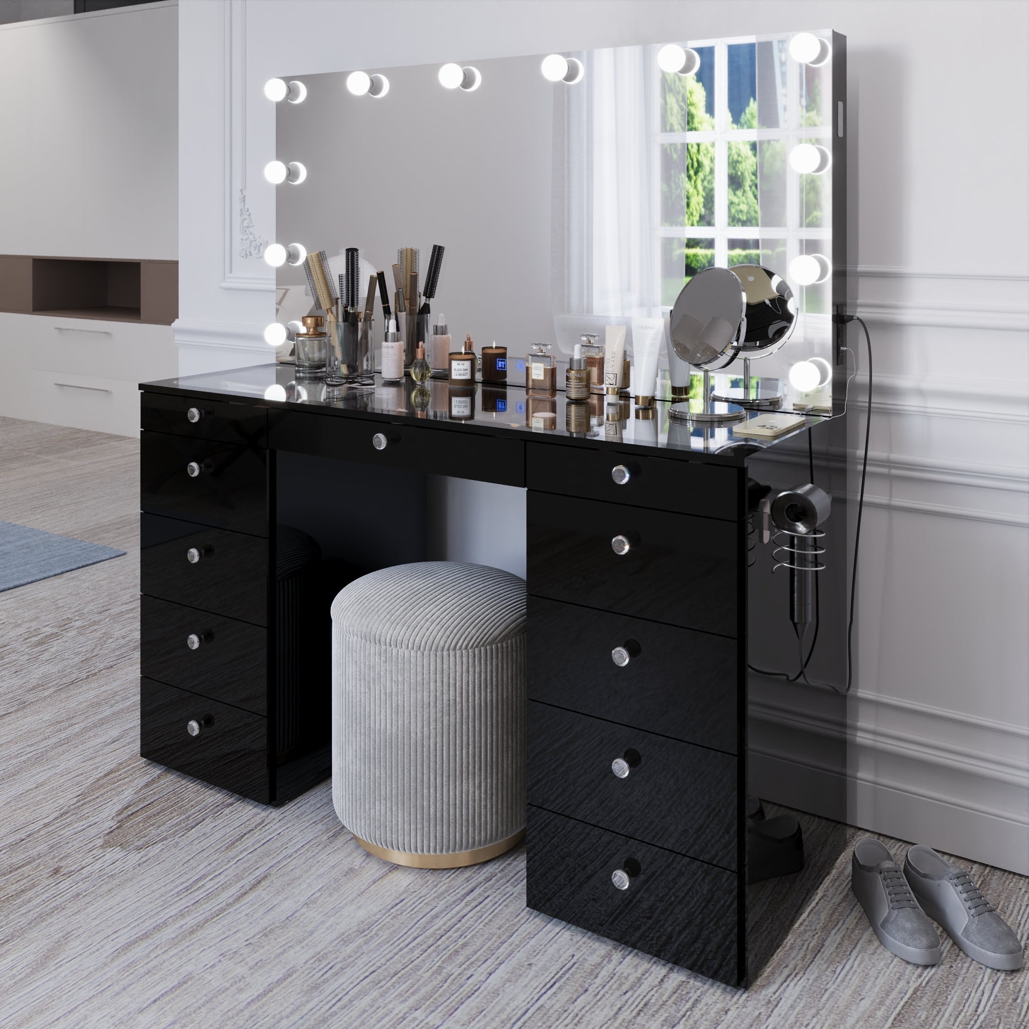 Boahaus Orla Makeup Vanity Table with Built-in Lights, USB Ports & Glass Top | Premium Design