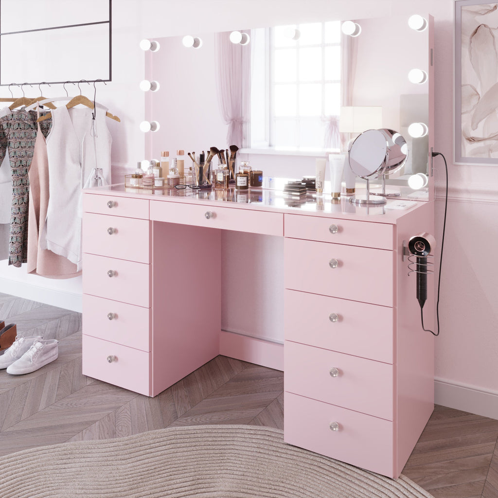 Boahaus Orla Makeup Vanity Table with Built-in Lights, USB Ports & Glass Top | Premium Design