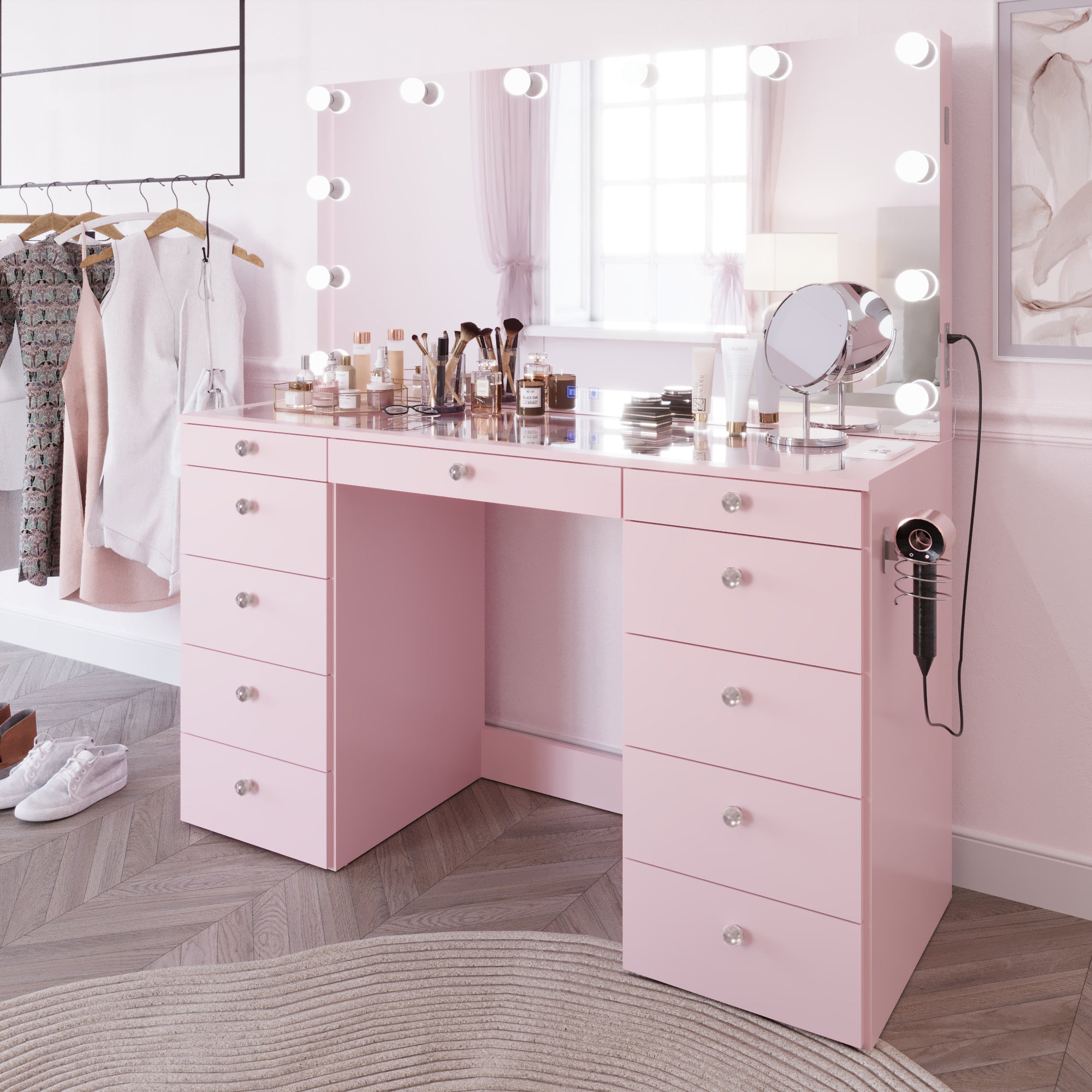 Boahaus Orla Makeup Vanity Table with Built-in Lights, USB Ports & Glass Top | Premium Design