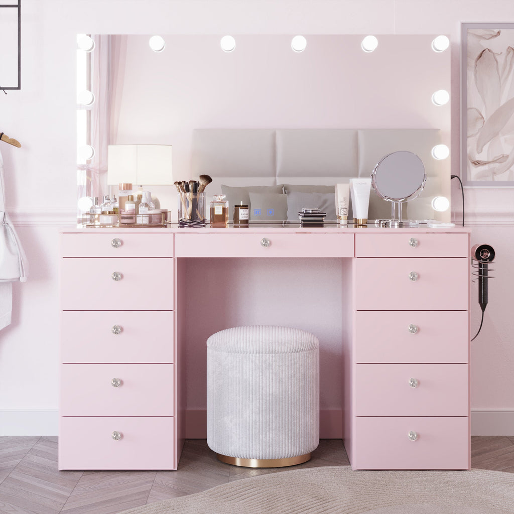 Boahaus Orla Makeup Vanity Table with Built-in Lights, USB Ports & Glass Top | Premium Design