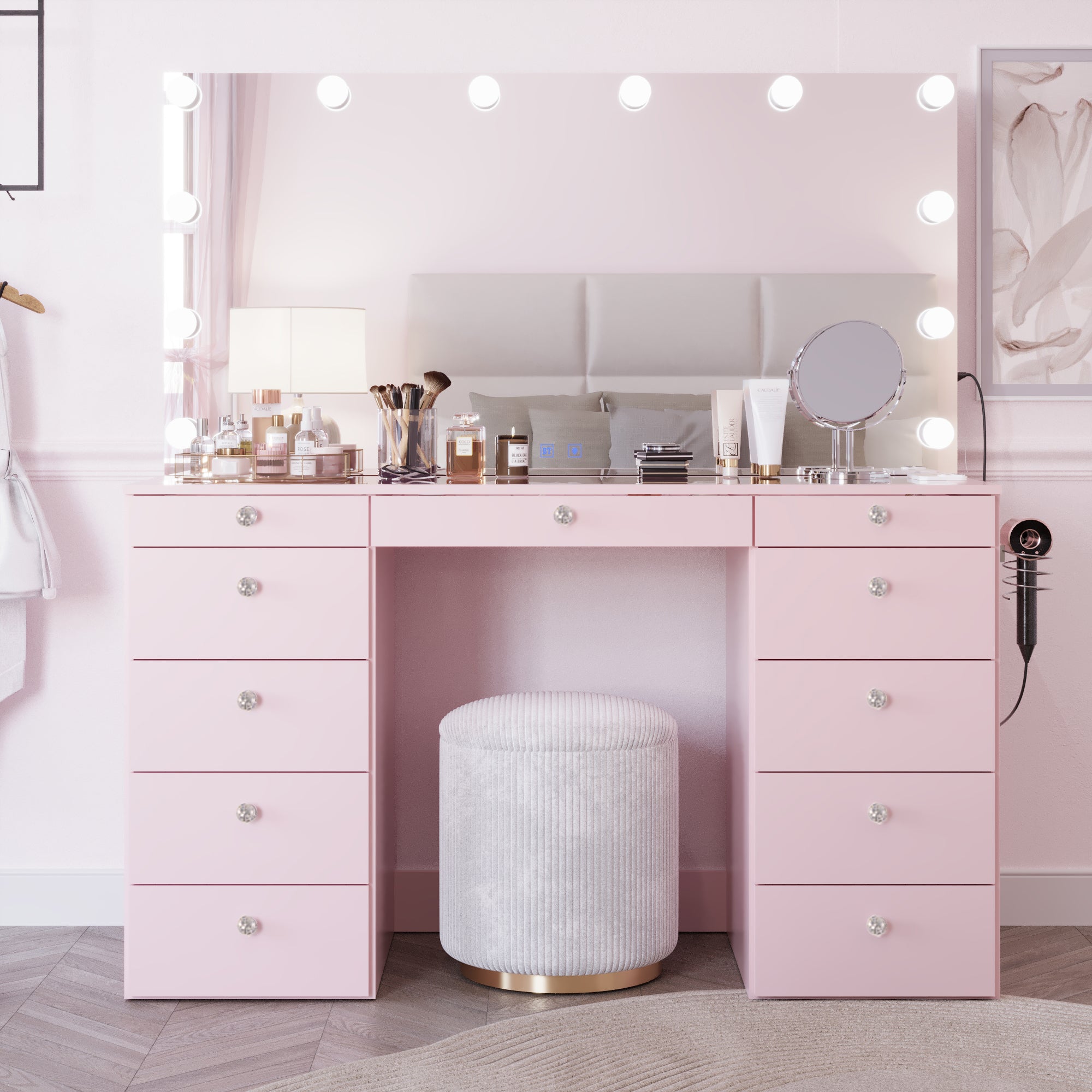 Boahaus Orla Makeup Vanity Table with Built-in Lights, USB Ports & Glass Top | Premium Design