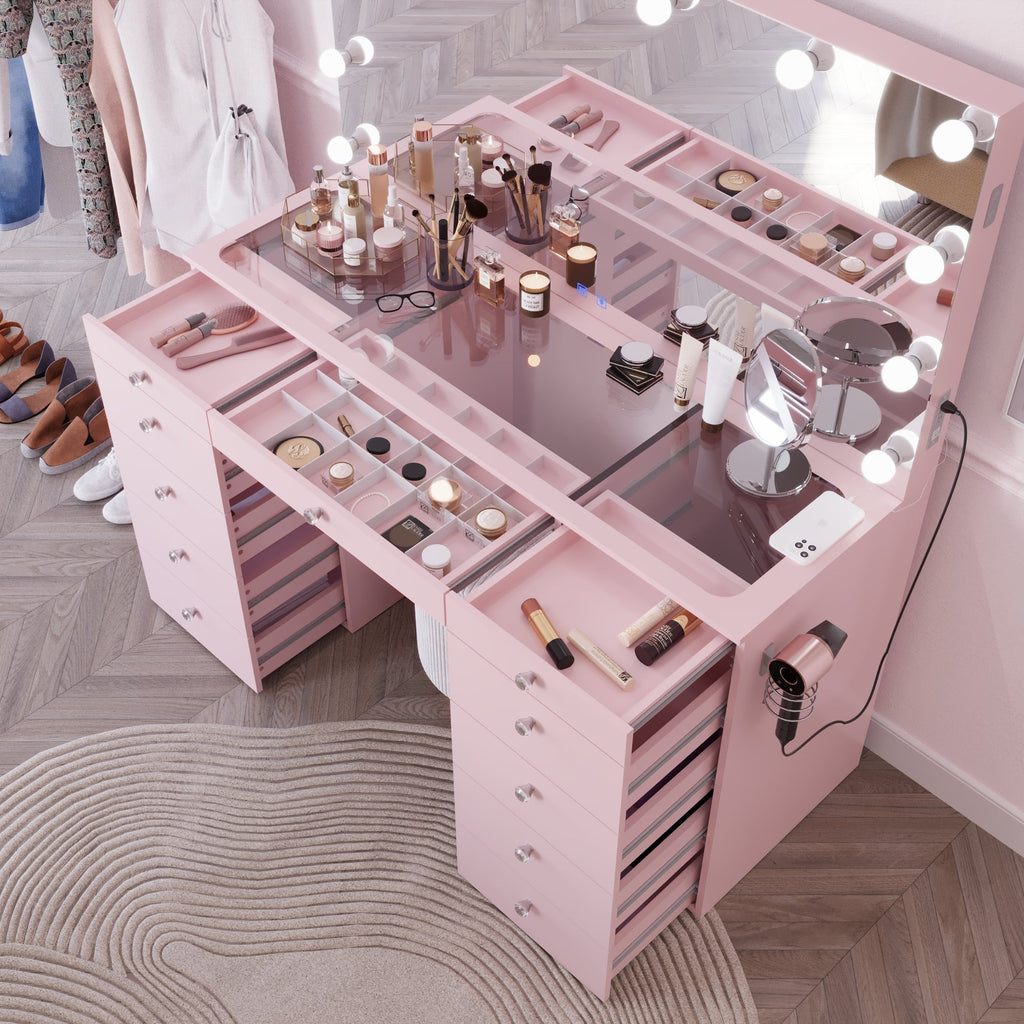 Boahaus Orla Makeup Vanity Table with Built-in Lights, USB Ports & Glass Top | Premium Design