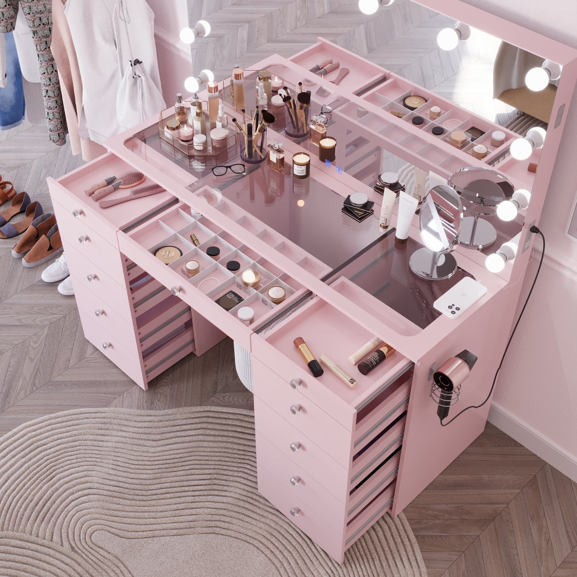 Boahaus Orla Makeup Vanity Table with Built-in Lights, USB Ports & Glass Top | Premium Design