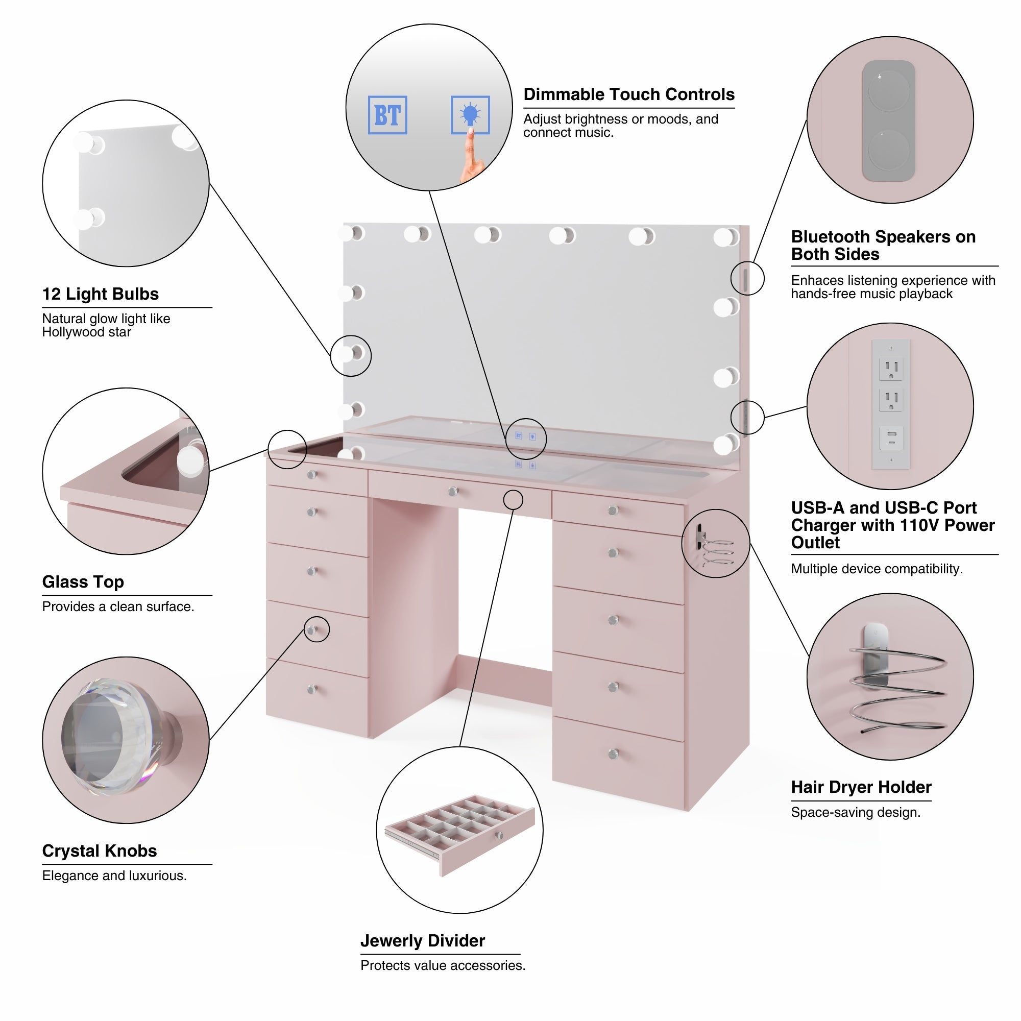 Boahaus Orla Makeup Vanity Table with Built-in Lights, USB Ports & Glass Top | Premium Design