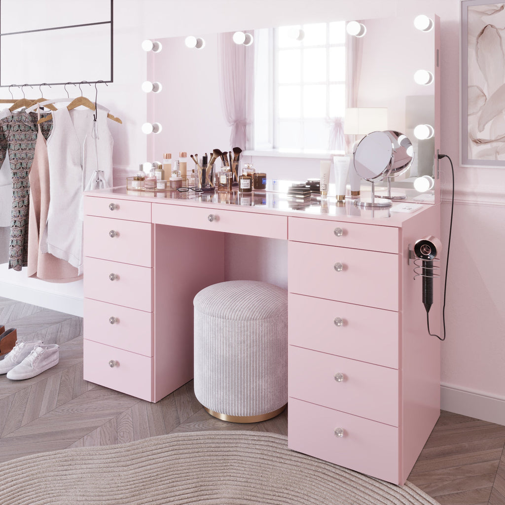 Boahaus Orla Makeup Vanity Table with Built-in Lights, USB Ports & Glass Top | Premium Design