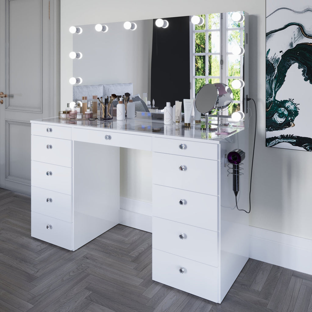 Boahaus Orla Makeup Vanity Table with Built-in Lights, USB Ports & Glass Top | Premium Design