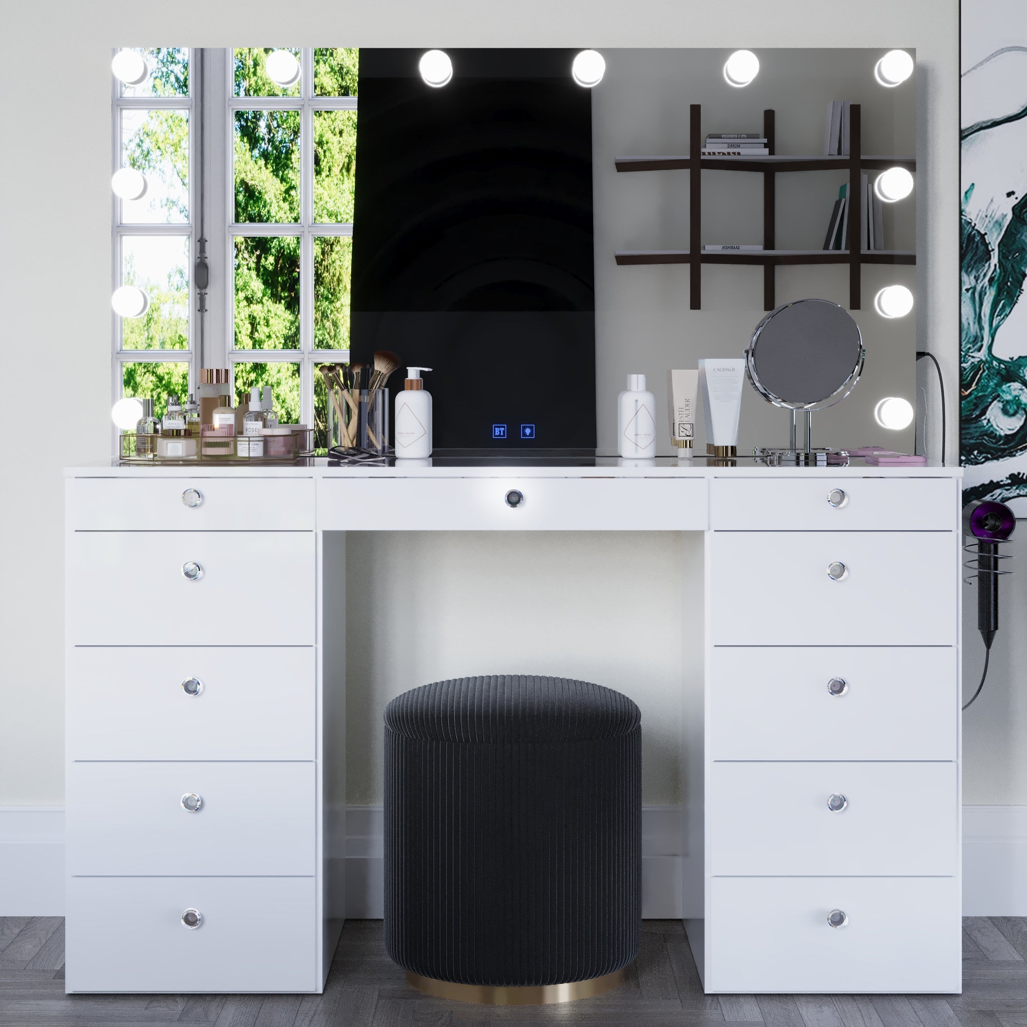 Boahaus Orla Makeup Vanity Table with Built-in Lights, USB Ports & Glass Top | Premium Design