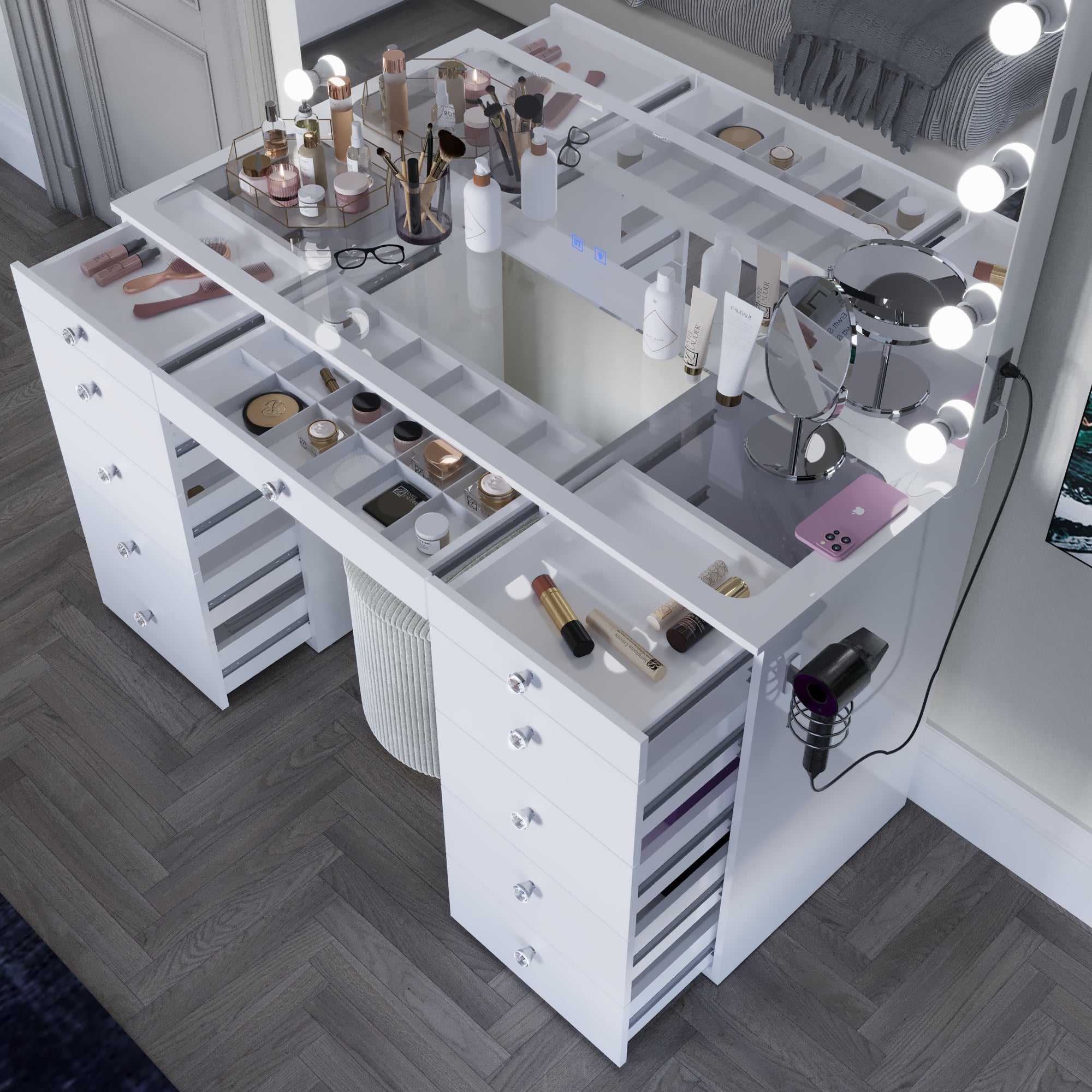 Boahaus Orla Makeup Vanity Table with Built-in Lights, USB Ports & Glass Top | Premium Design