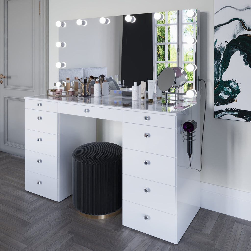 Boahaus Orla Makeup Vanity Table with Built-in Lights, USB Ports & Glass Top | Premium Design