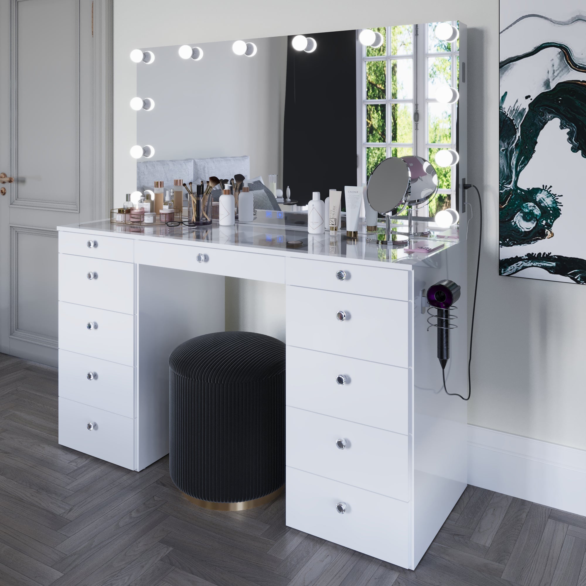 Boahaus Orla Makeup Vanity Table with Built-in Lights, USB Ports & Glass Top | Premium Design