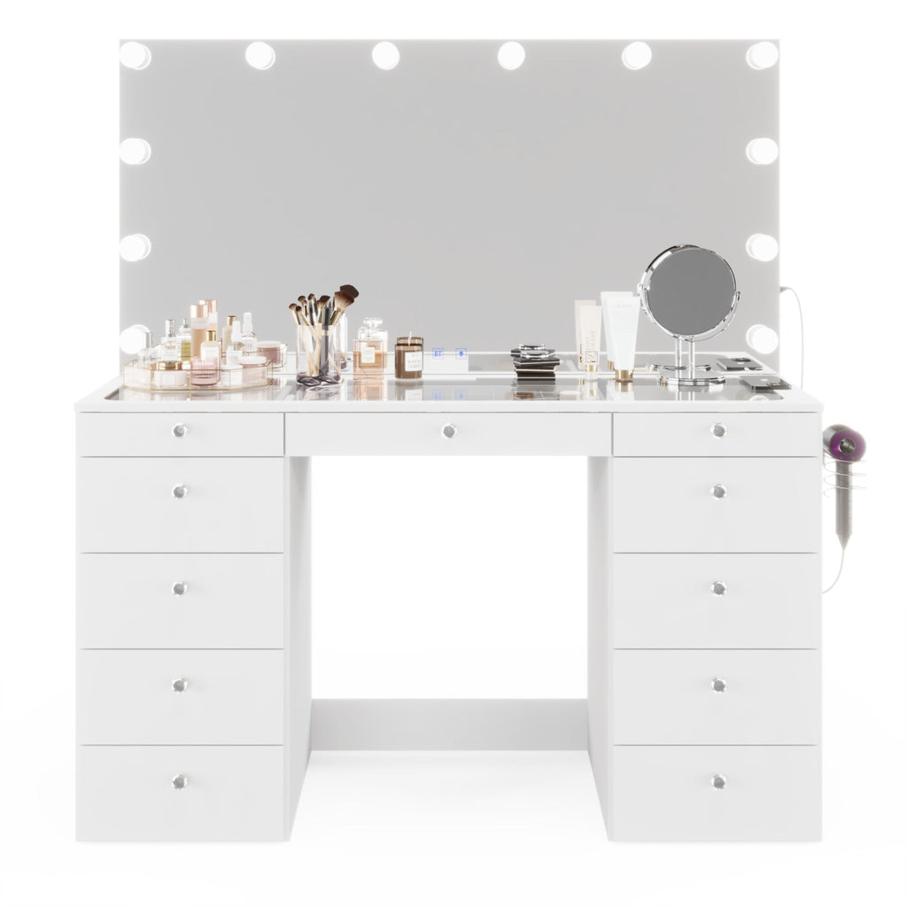 Boahaus Orla Makeup Vanity Table with Built-in Lights, USB Ports & Glass Top | Premium Design