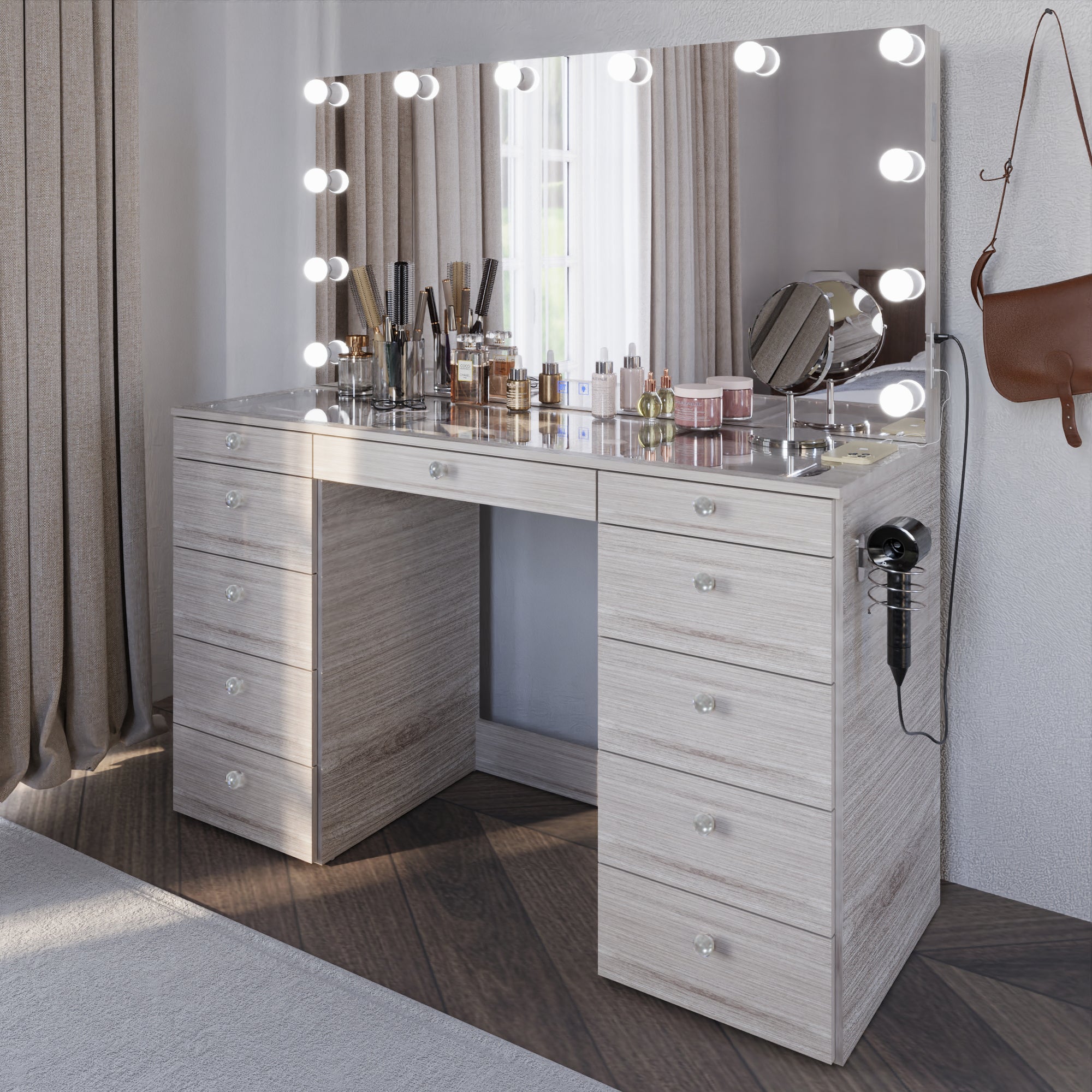 Boahaus Orla Makeup Vanity Table with Built-in Lights, USB Ports & Glass Top | Premium Design