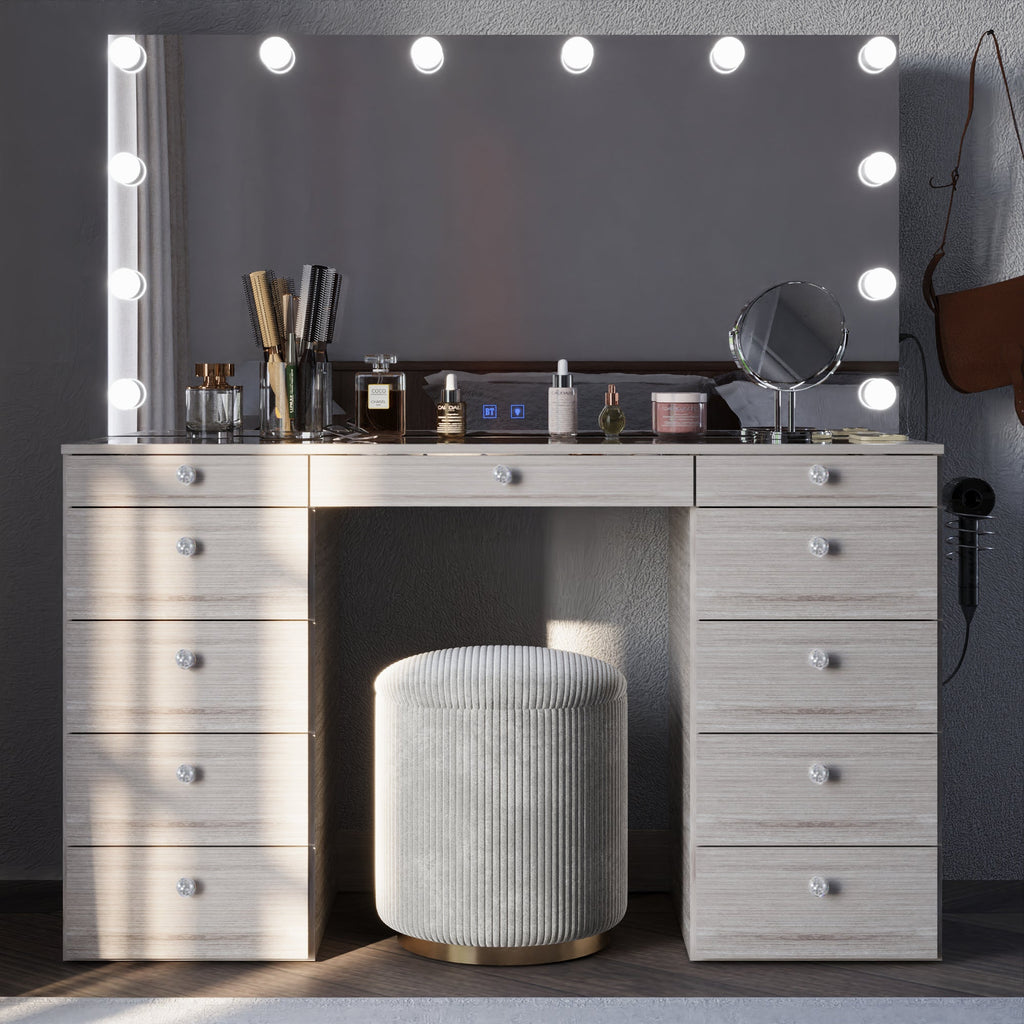 Boahaus Orla Makeup Vanity Table with Built-in Lights, USB Ports & Glass Top | Premium Design