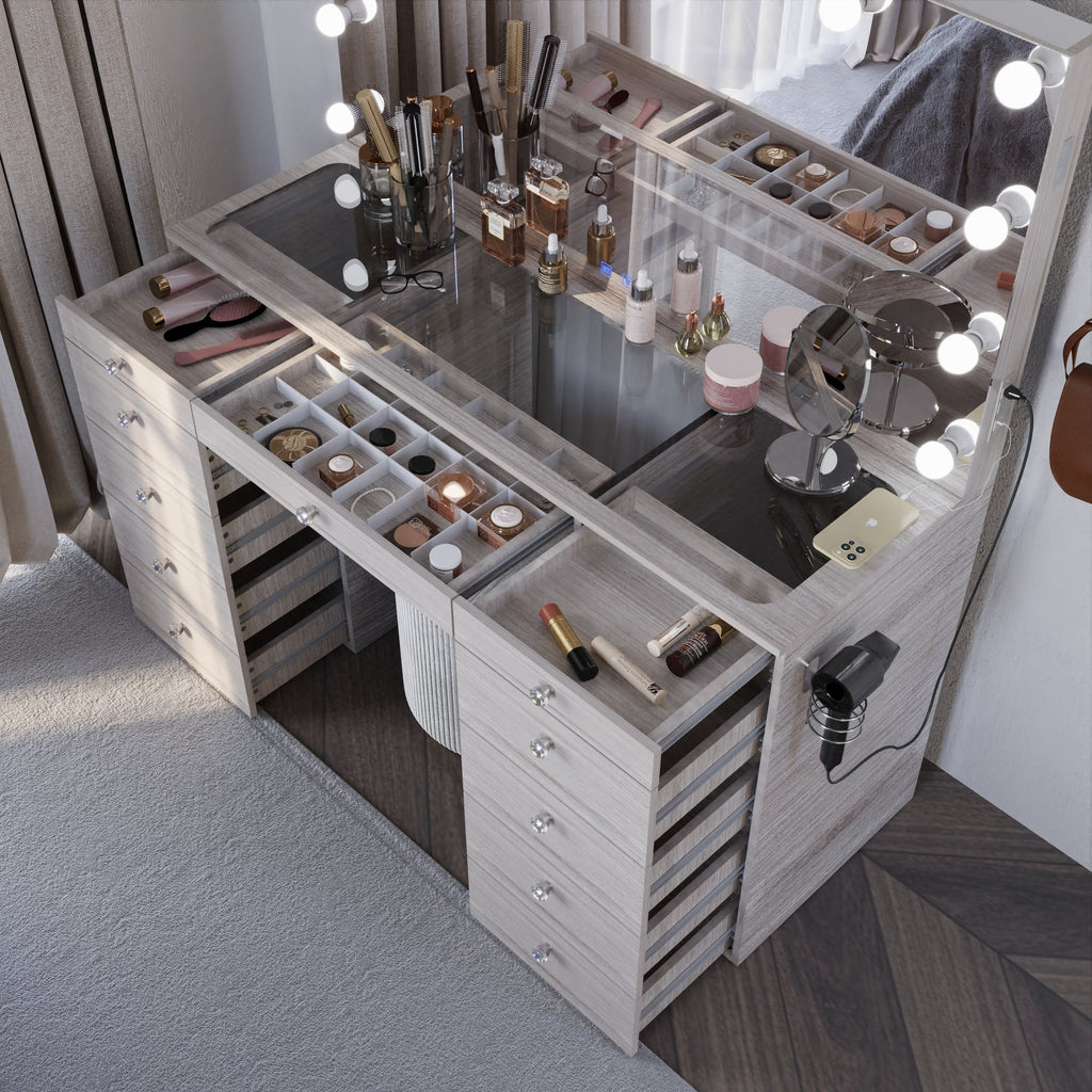 Boahaus Orla Makeup Vanity Table with Built-in Lights, USB Ports & Glass Top | Premium Design