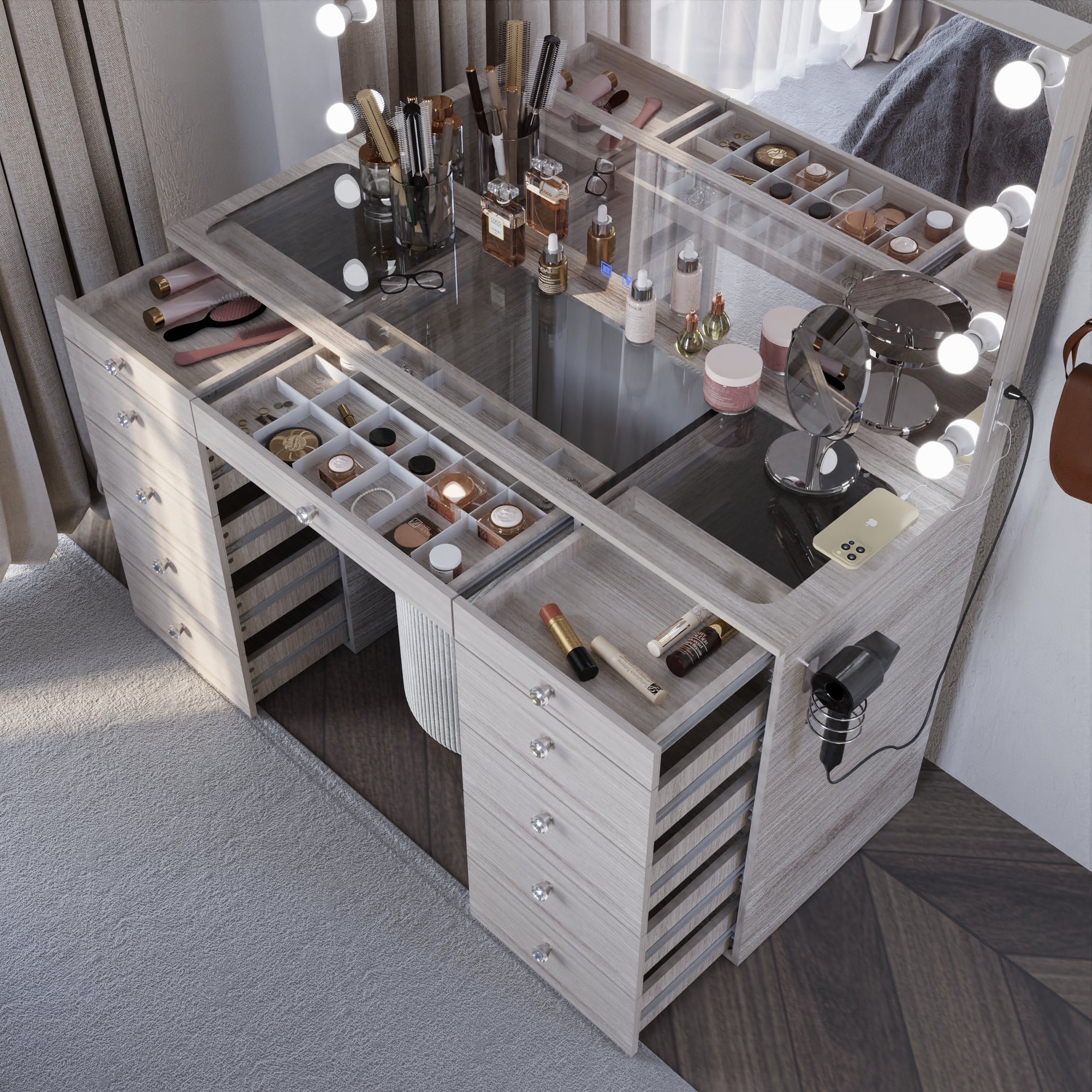 Boahaus Orla Makeup Vanity Table with Built-in Lights, USB Ports & Glass Top | Premium Design