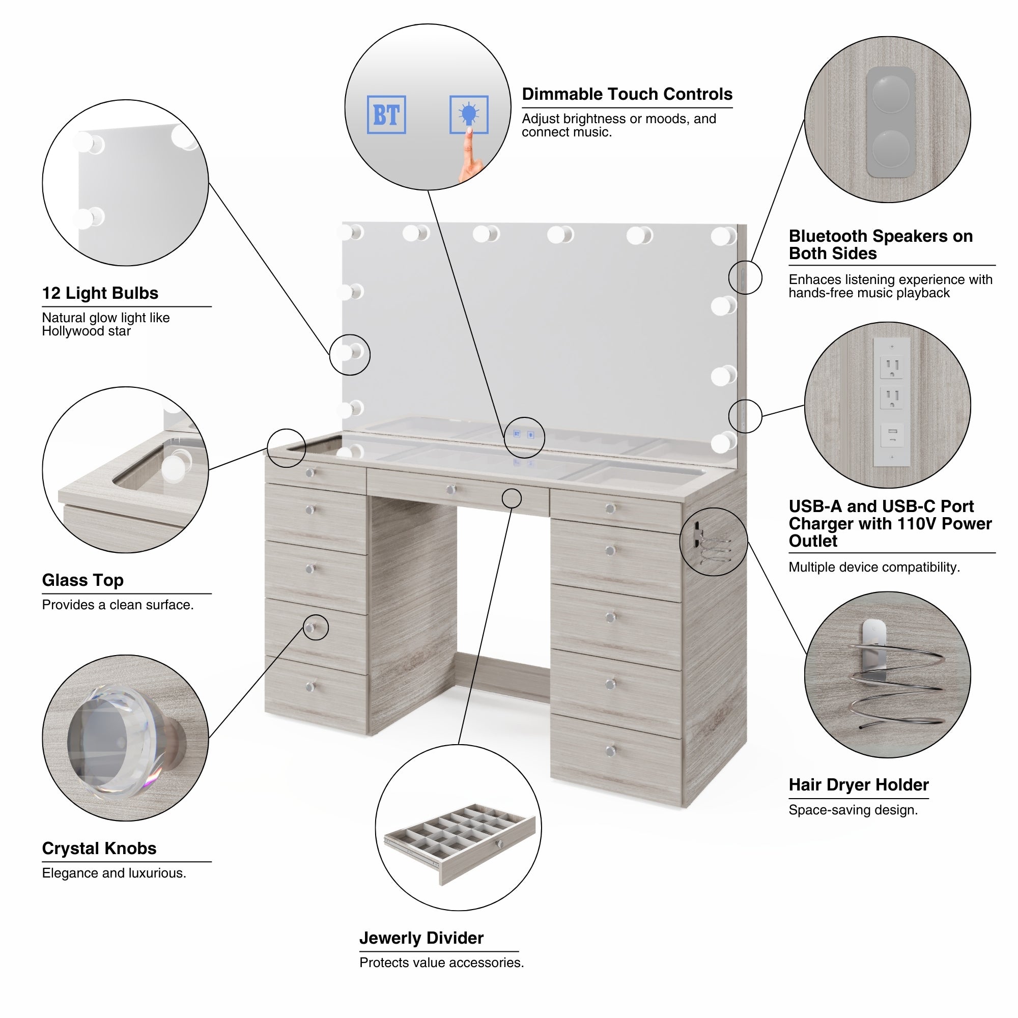 Boahaus Orla Makeup Vanity Table with Built-in Lights, USB Ports & Glass Top | Premium Design