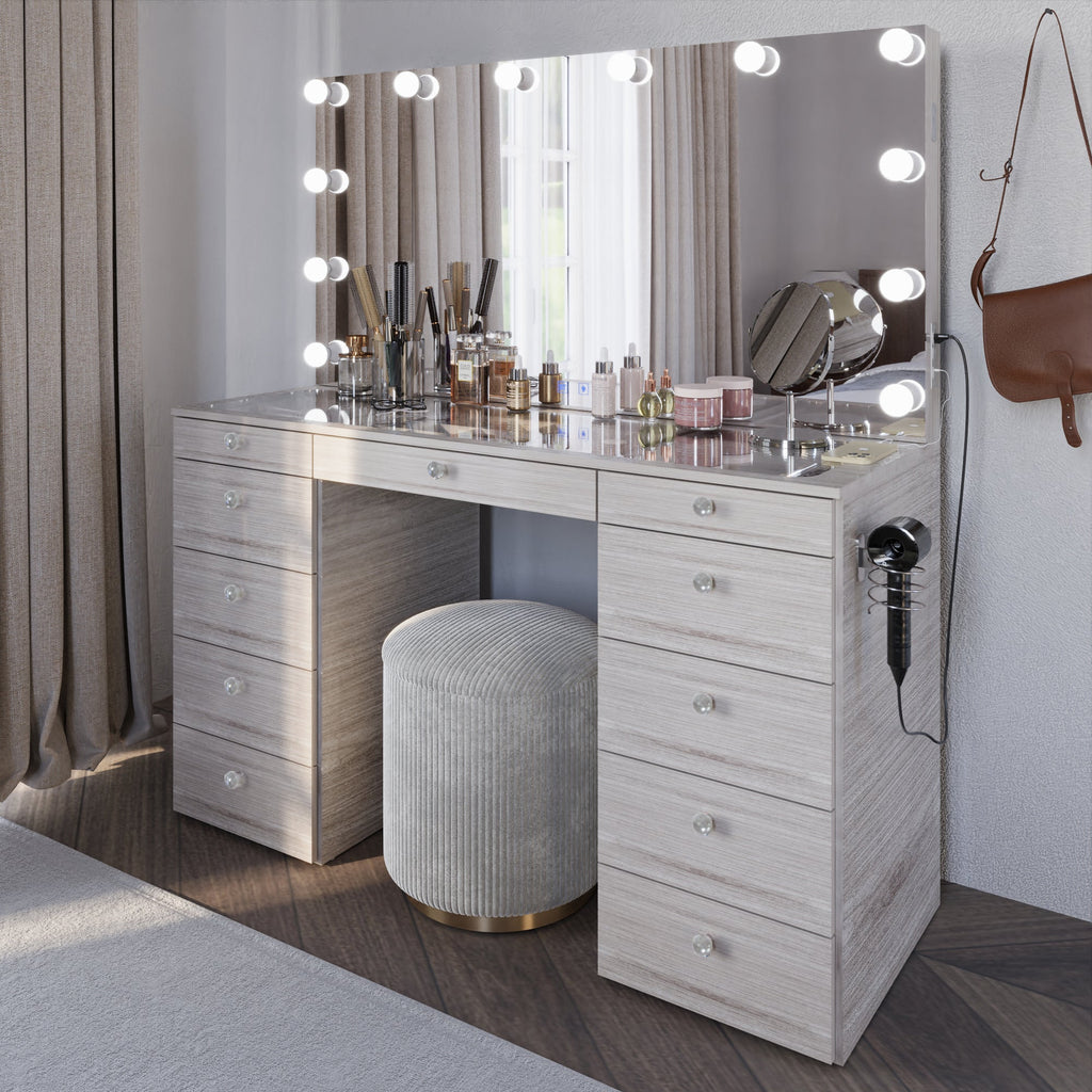 Boahaus Orla Makeup Vanity Table with Built-in Lights, USB Ports & Glass Top | Premium Design