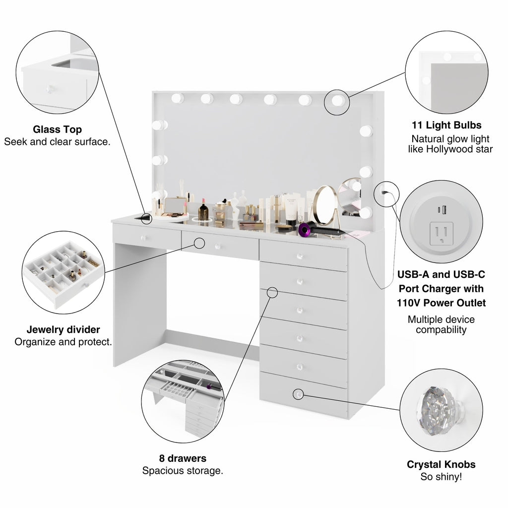 Boahaus Ketevan Lighted Vanity Table with Glass Top | White Premium Design