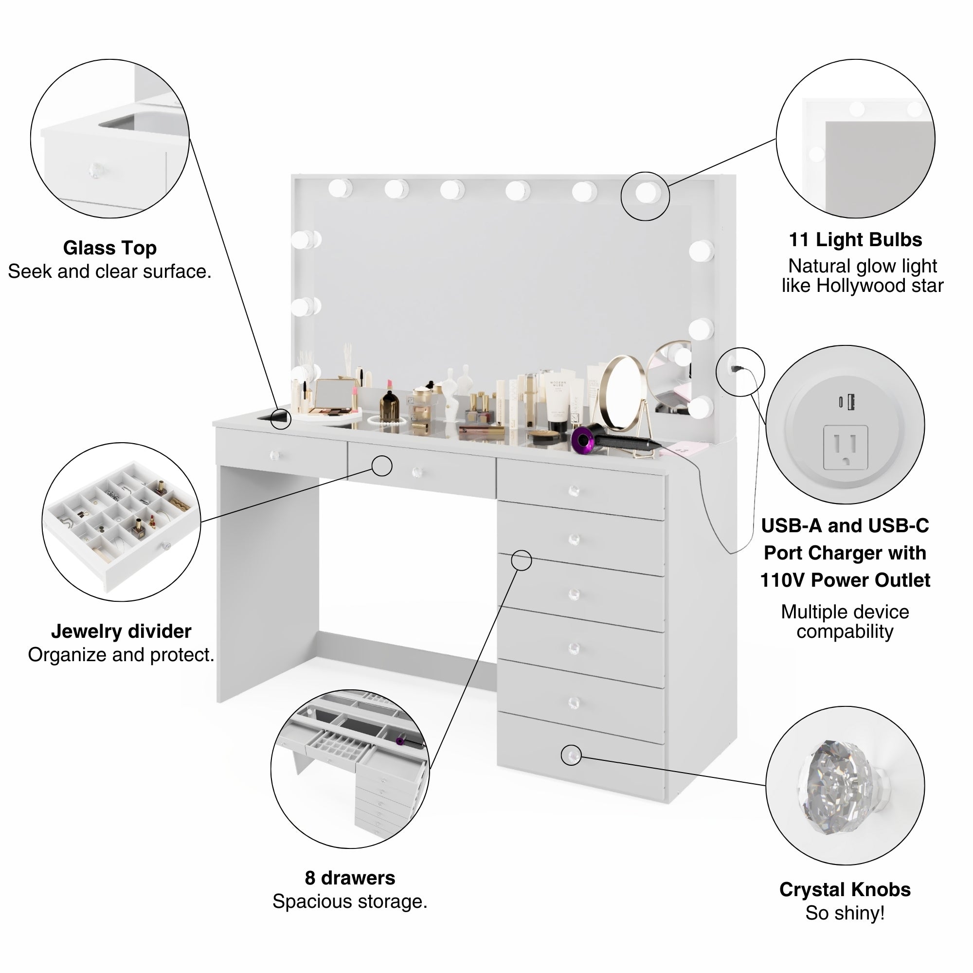 Boahaus Ketevan Lighted Vanity Table with Glass Top | White Premium Design