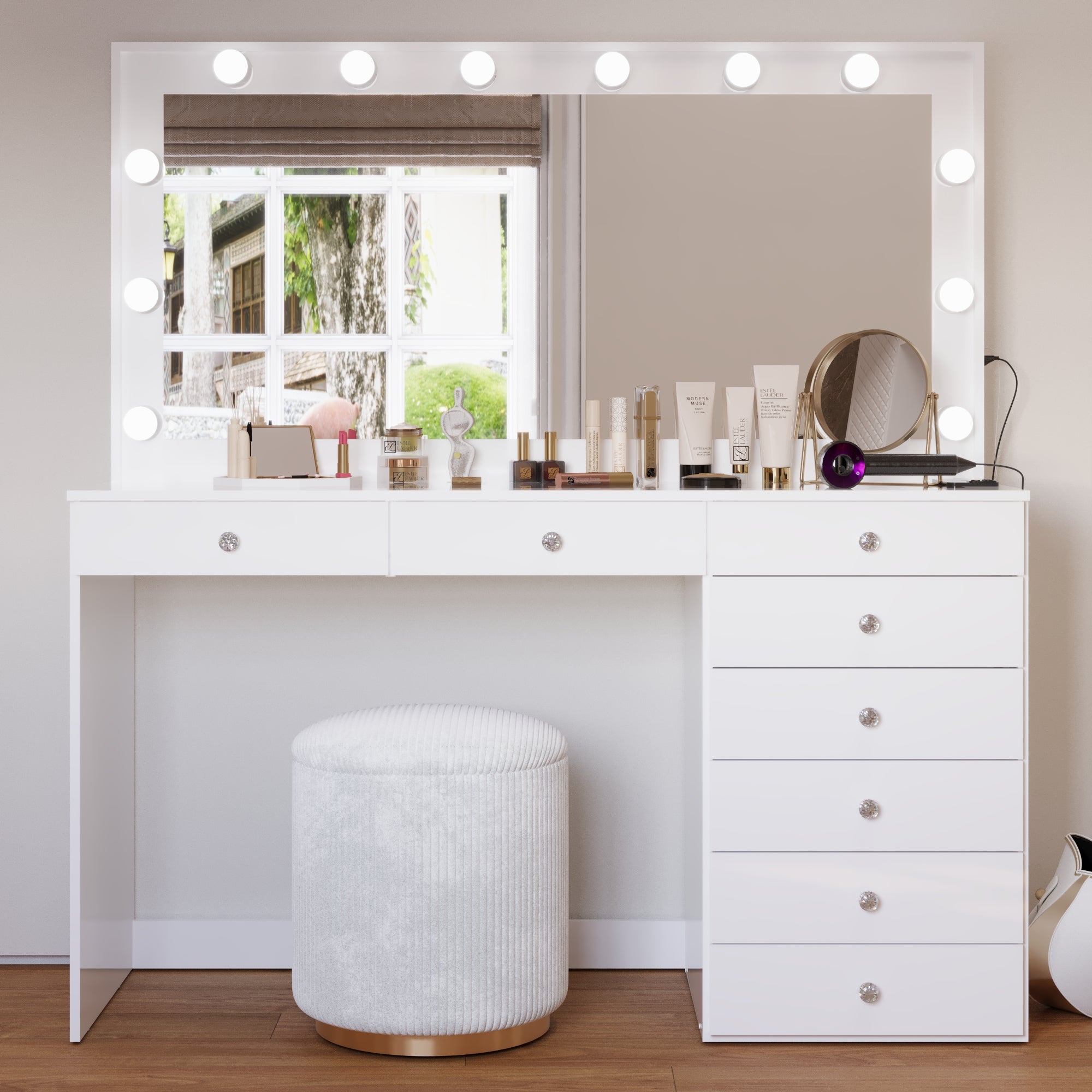 Boahaus Ketevan Lighted Vanity Table with Glass Top | White Premium Design