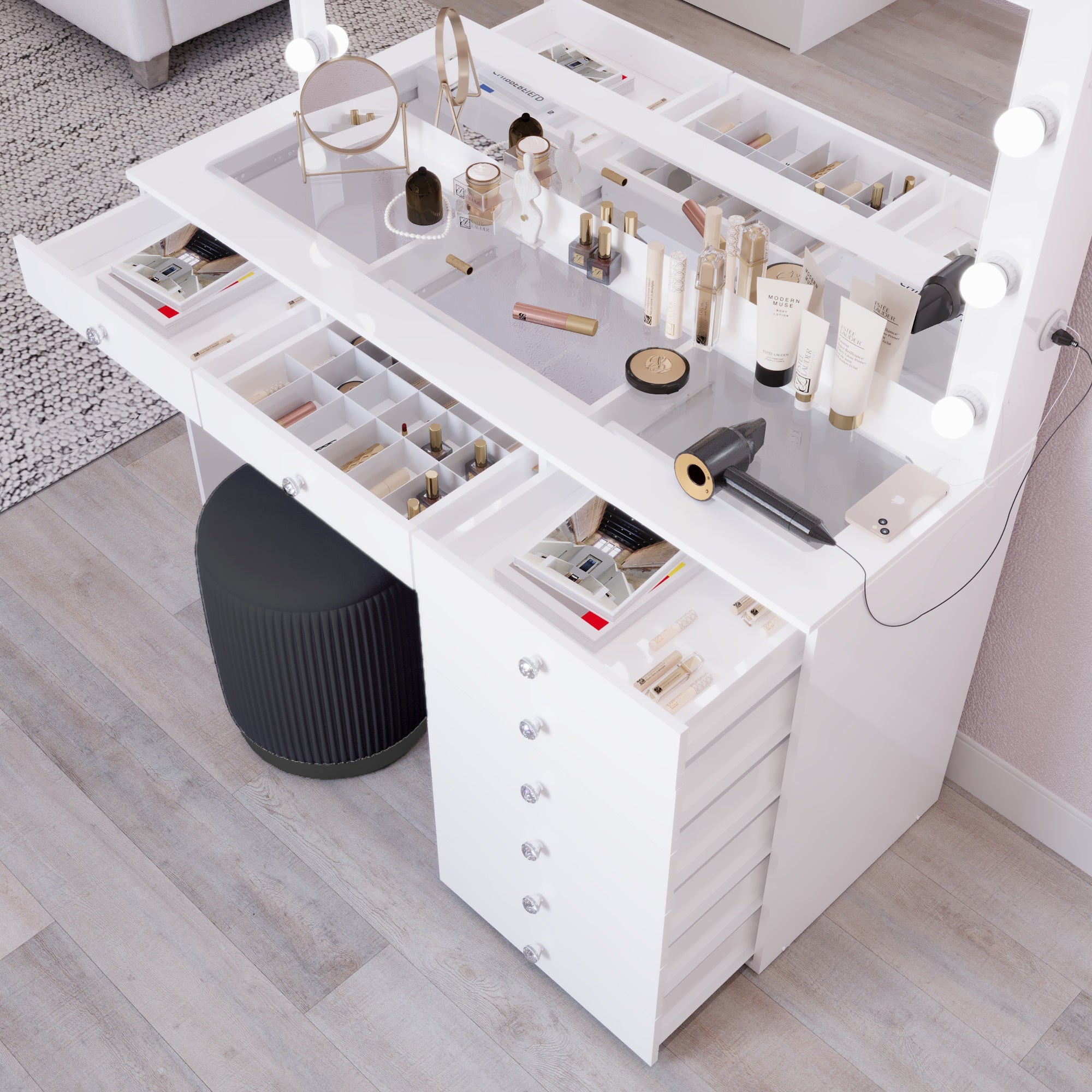 Boahaus Ketevan Lighted Vanity Table with Glass Top | White Premium Design