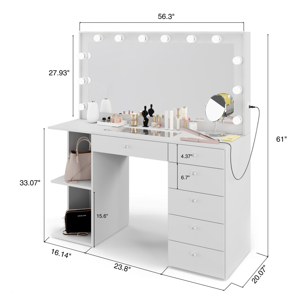 Boahaus Louise Lighted Vanity Table with Glass Top | White Premium Design