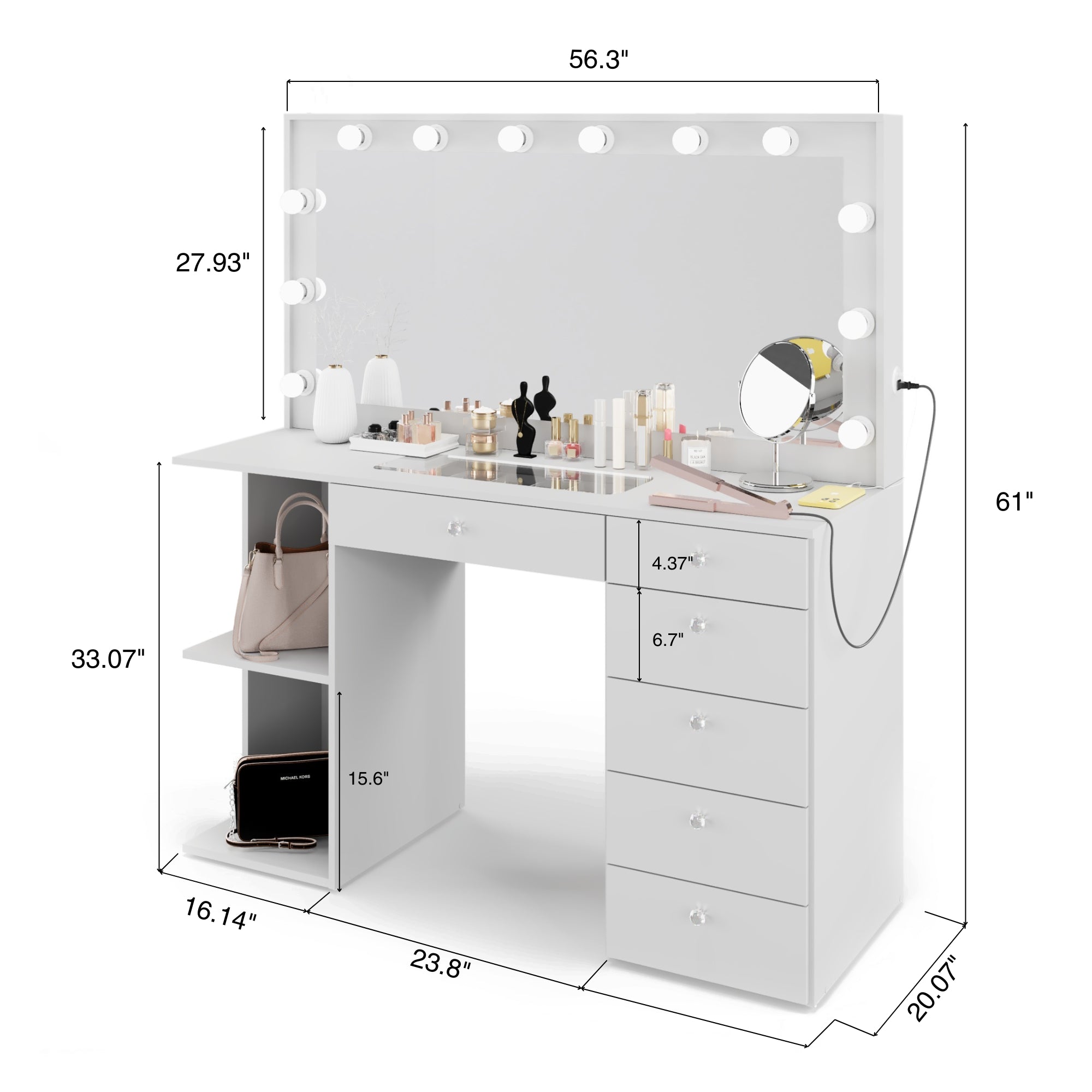 Boahaus Louise Lighted Vanity Table with Glass Top | White Premium Design