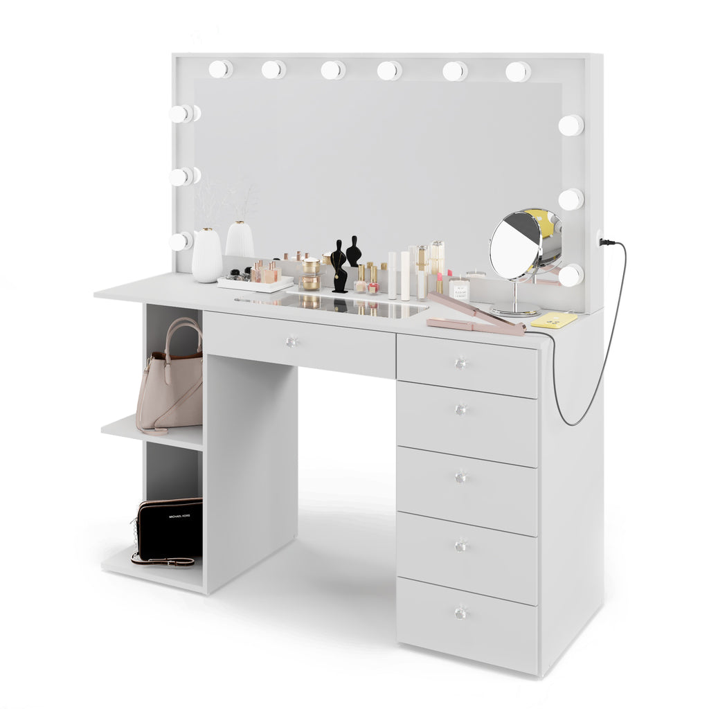 Boahaus Louise Lighted Vanity Table with Glass Top | White Premium Design