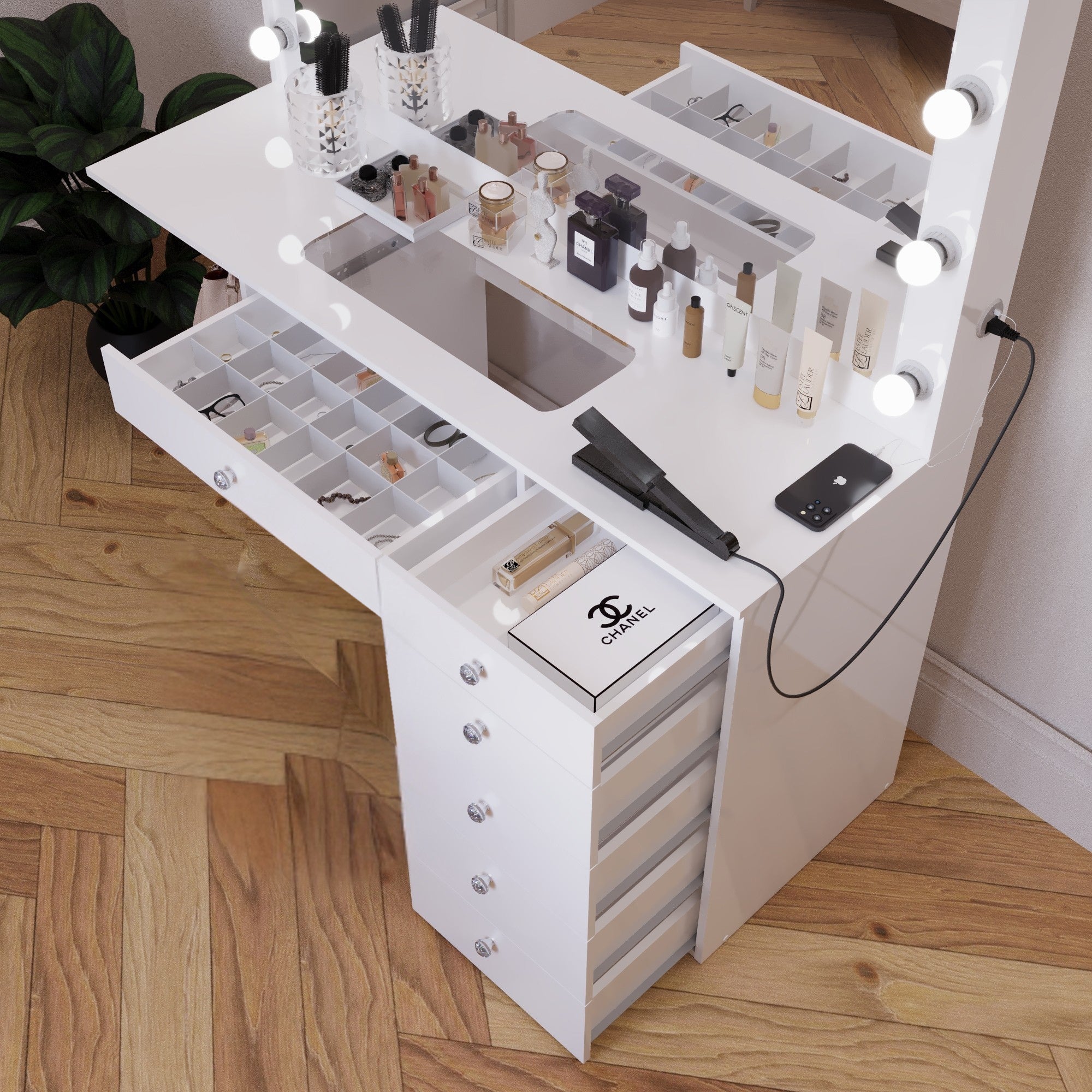 Boahaus Louise Lighted Vanity Table with Glass Top | White Premium Design