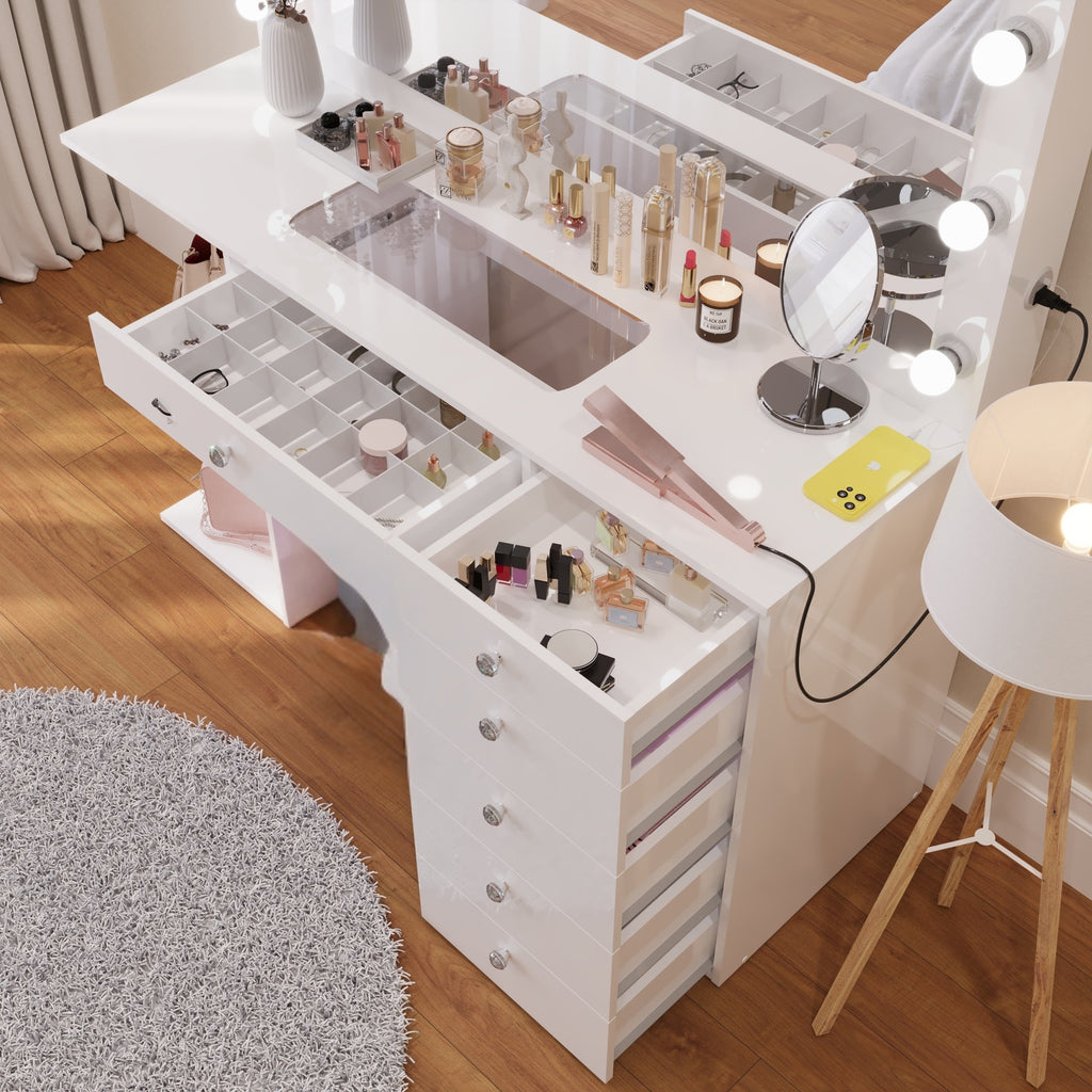Boahaus Louise Lighted Vanity Table with Glass Top | White Premium Design