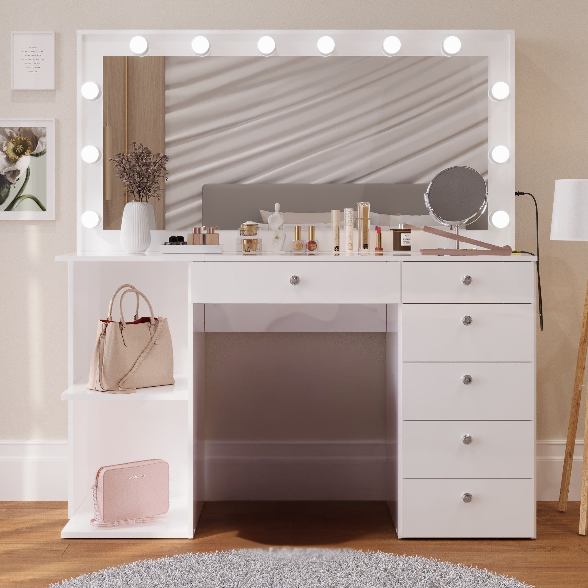 Boahaus Louise Lighted Vanity Table with Glass Top | White Premium Design