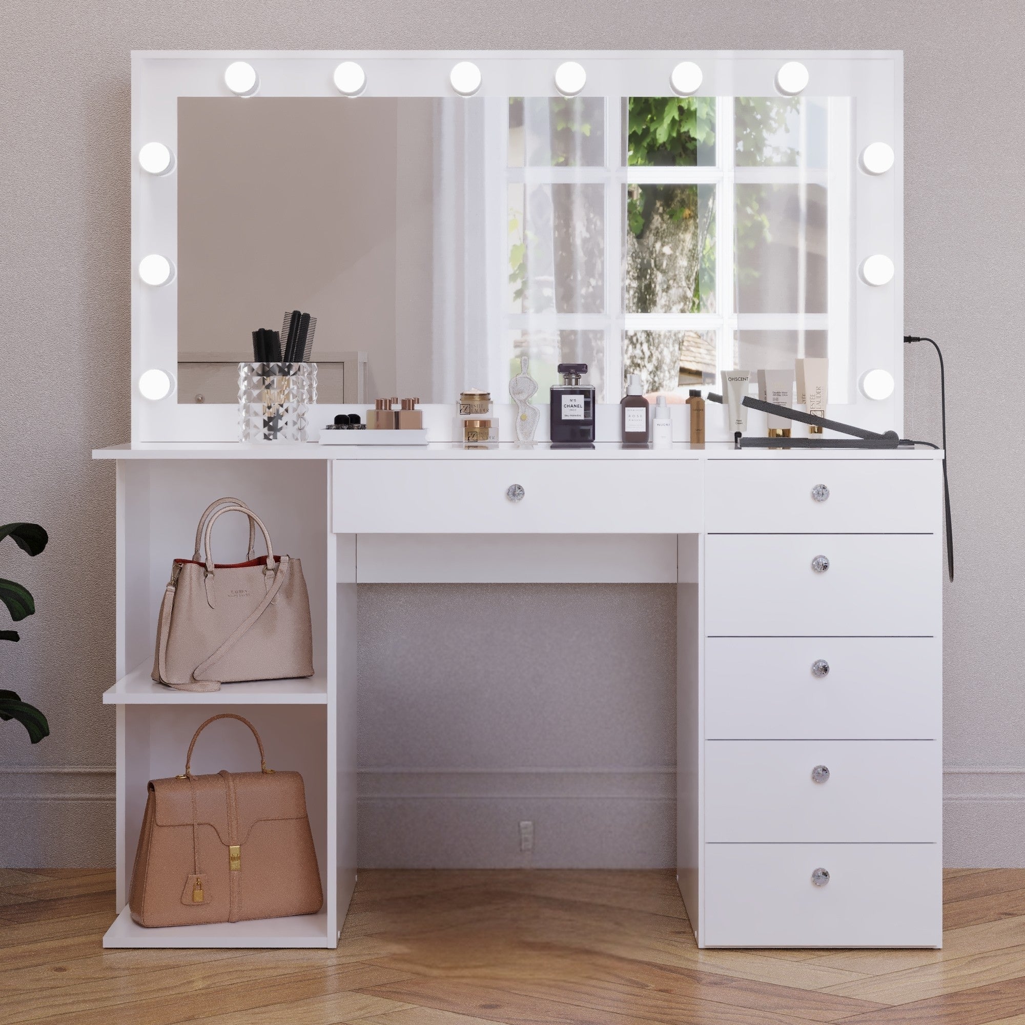 Boahaus Louise Lighted Vanity Table with Glass Top | White Premium Design
