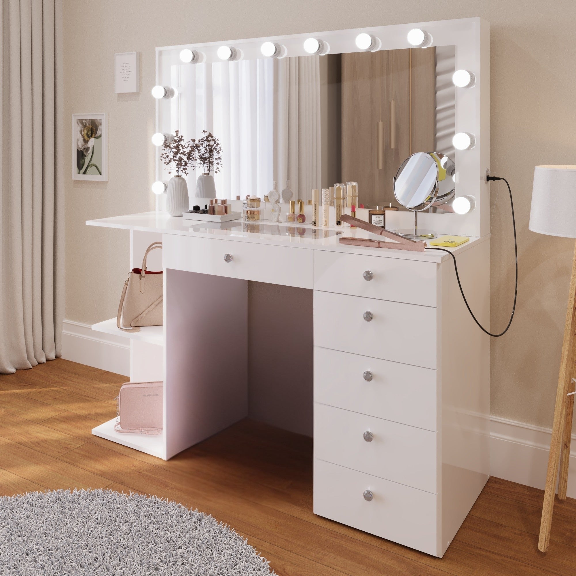 Boahaus Louise Lighted Vanity Table with Glass Top | White Premium Design