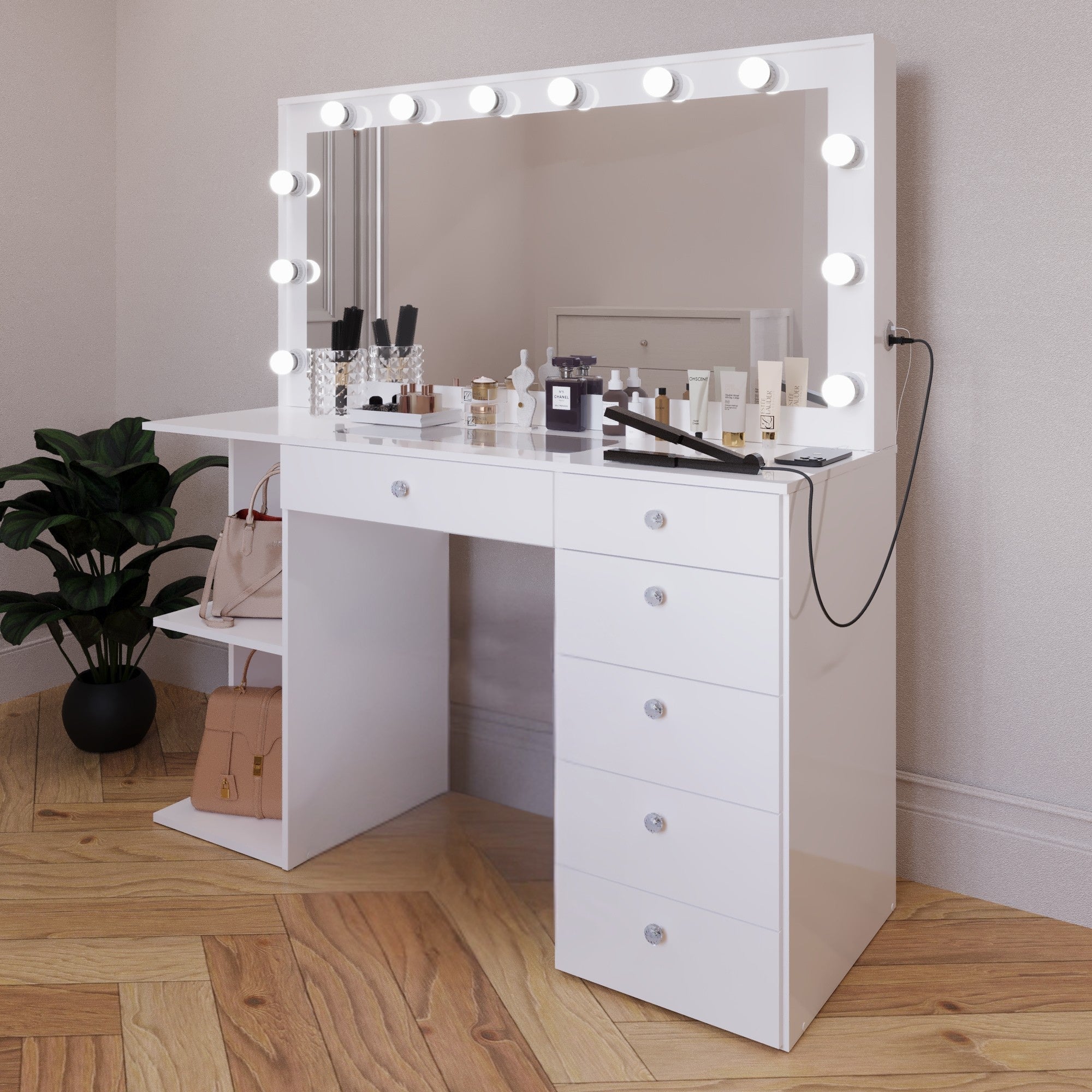 Boahaus Louise Lighted Vanity Table with Glass Top | White Premium Design