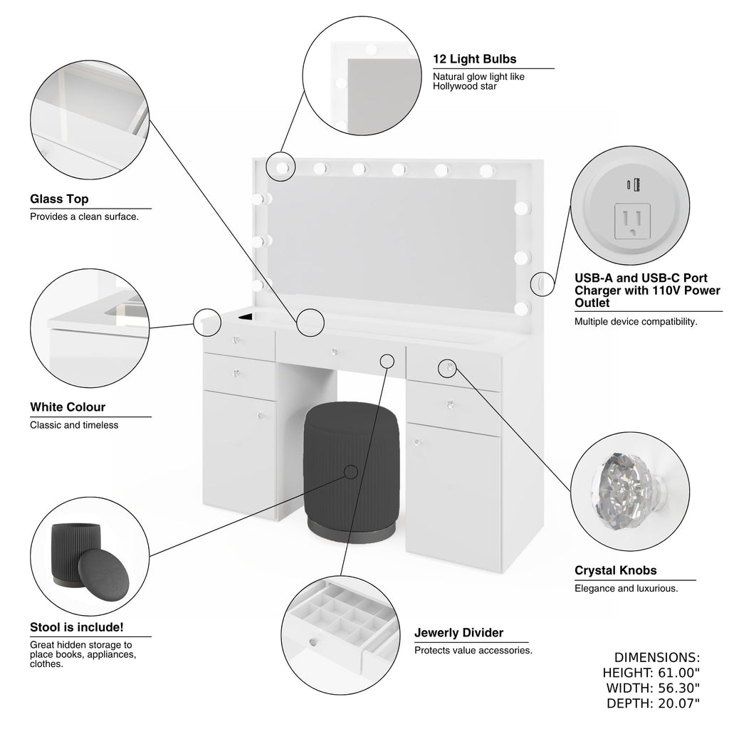 Boahaus Kiana Lighted Vanity Table with Glass Top | White Premium Design