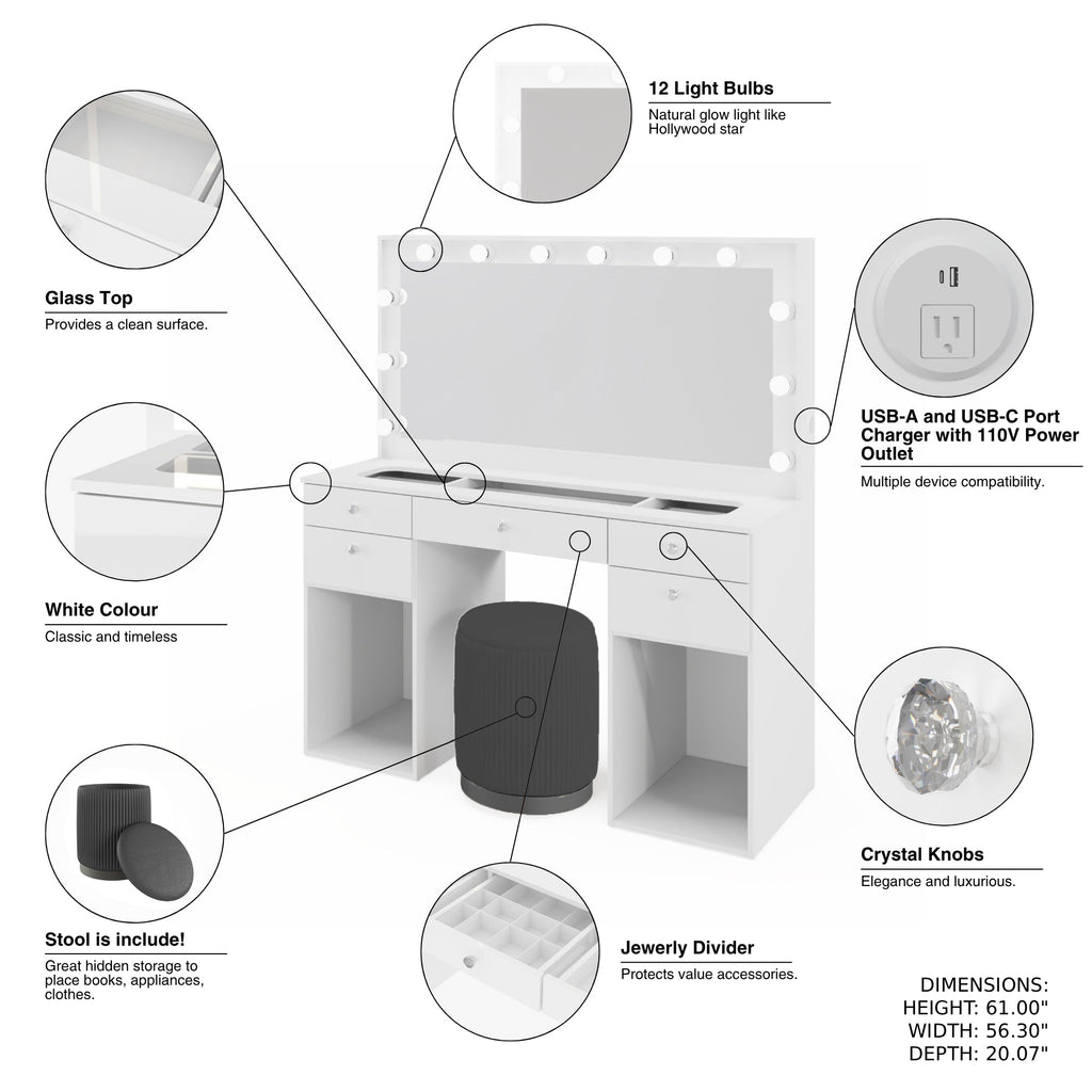 Boahaus Amira Lighted Vanity Table with Glass Top | White Premium Design