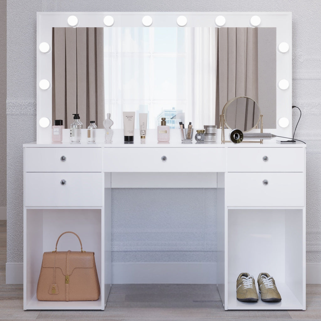 Boahaus Amira Lighted Vanity Table with Glass Top | White Premium Design