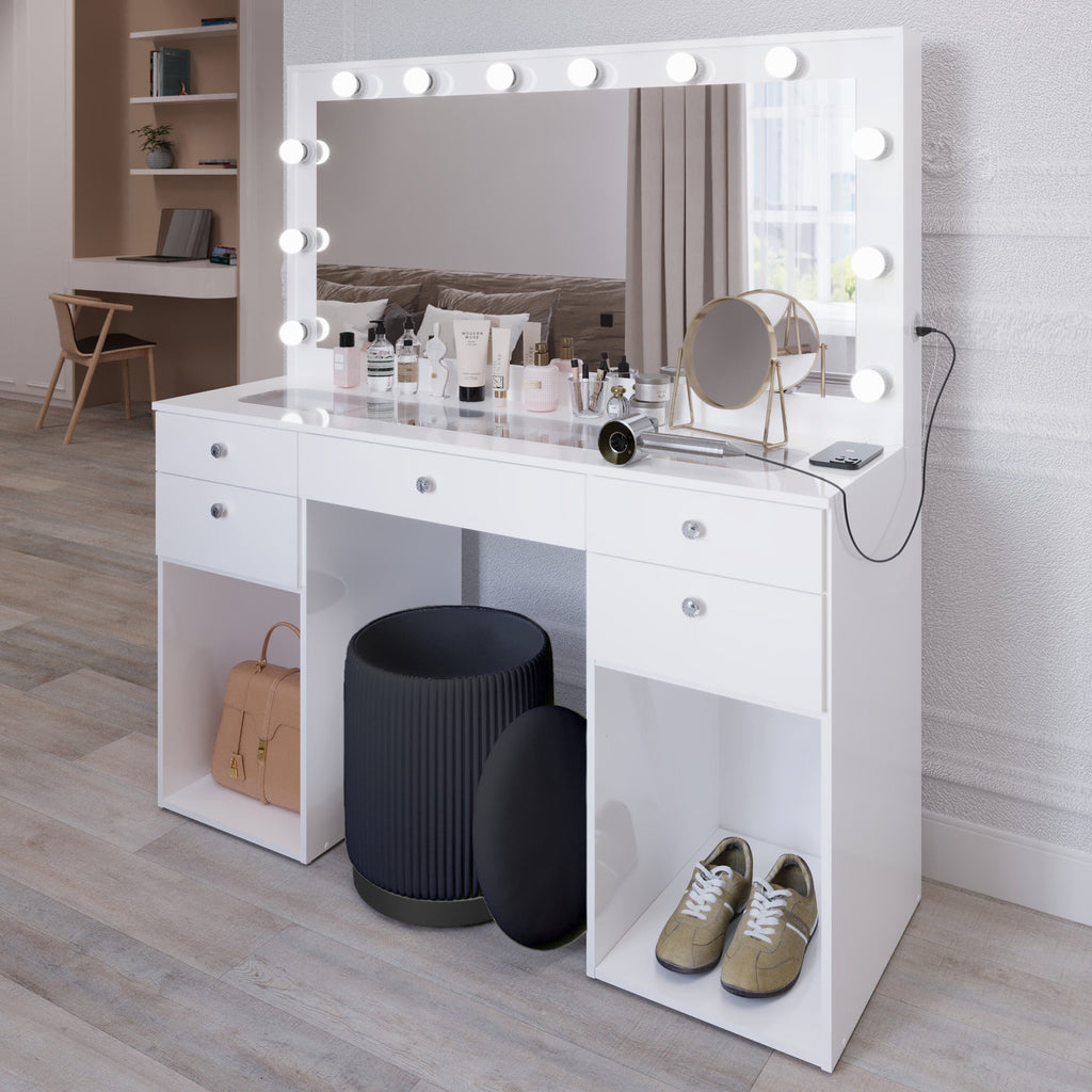 Boahaus Amira Lighted Vanity Table with Glass Top | White Premium Design