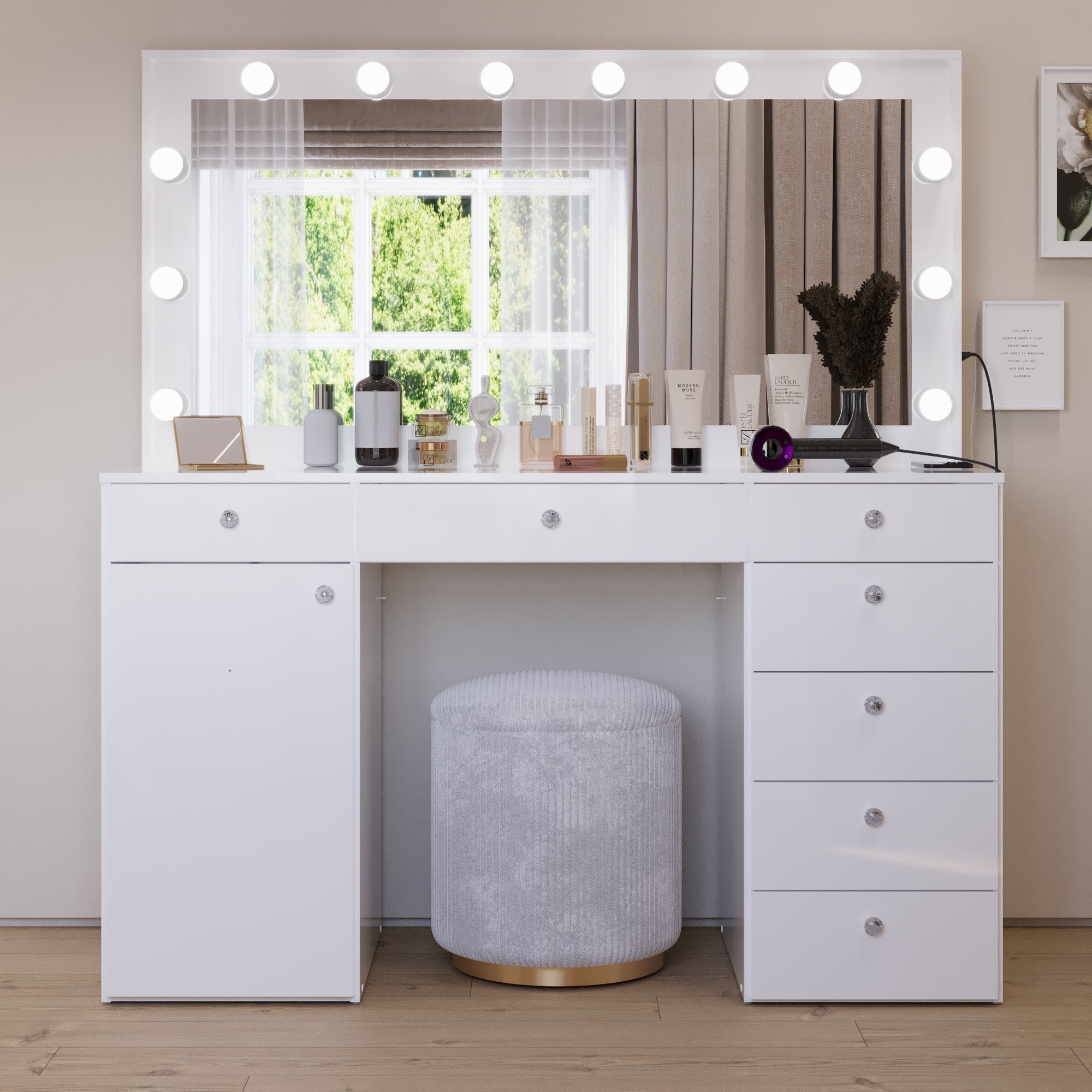 Boahaus Jezebel Lighted Vanity Table with Glass Top | White Premium Design