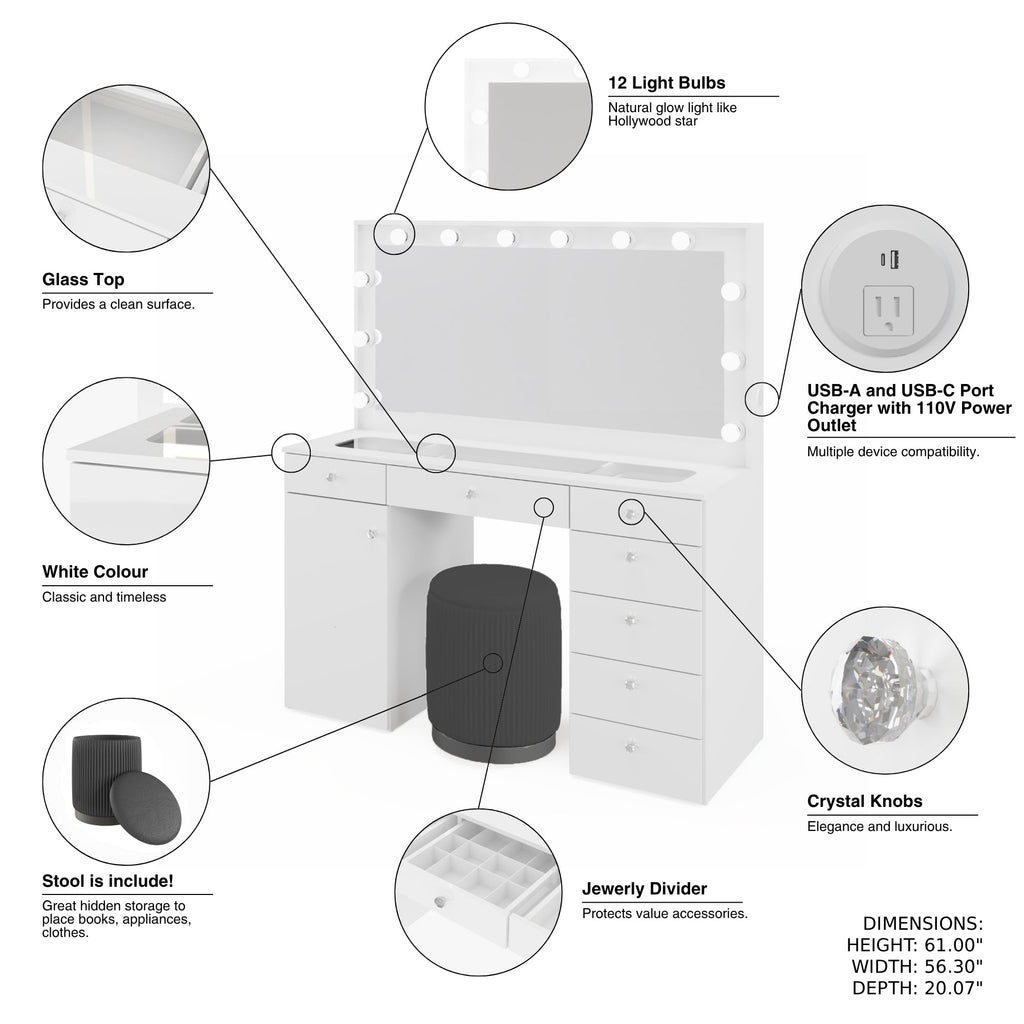 Boahaus Jezebel Lighted Vanity Table with Glass Top | White Premium Design