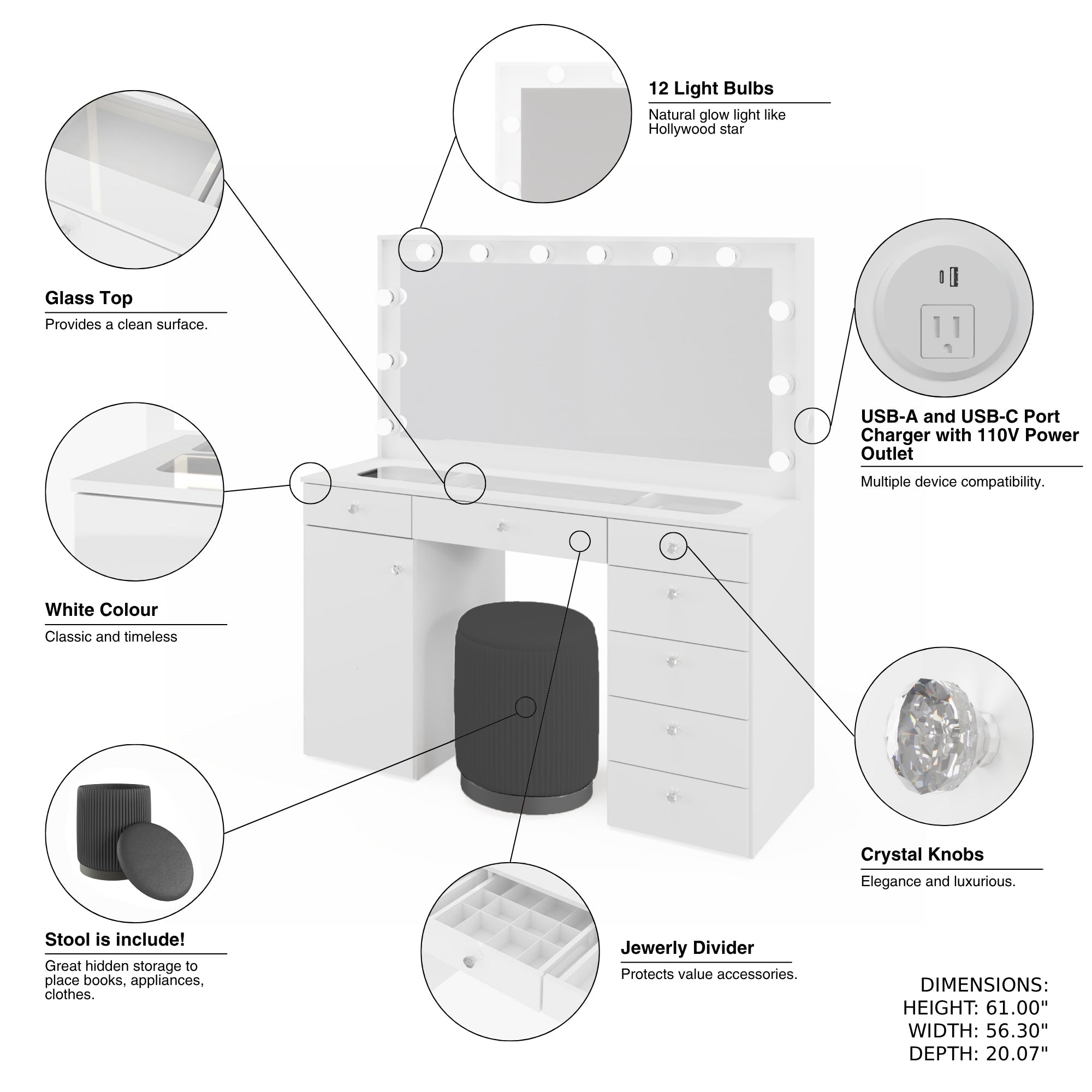 Boahaus Jezebel Lighted Vanity Table with Glass Top | White Premium Design