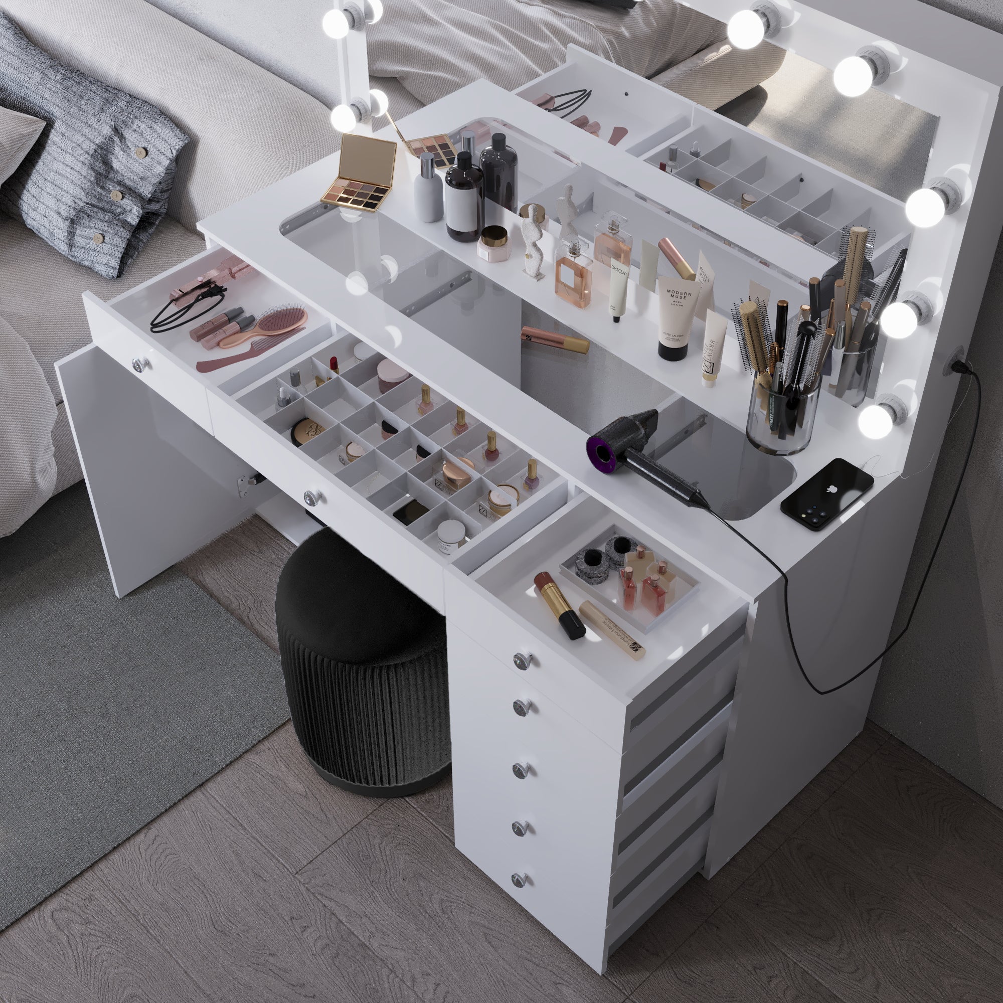 Boahaus Jezebel Lighted Vanity Table with Glass Top | White Premium Design