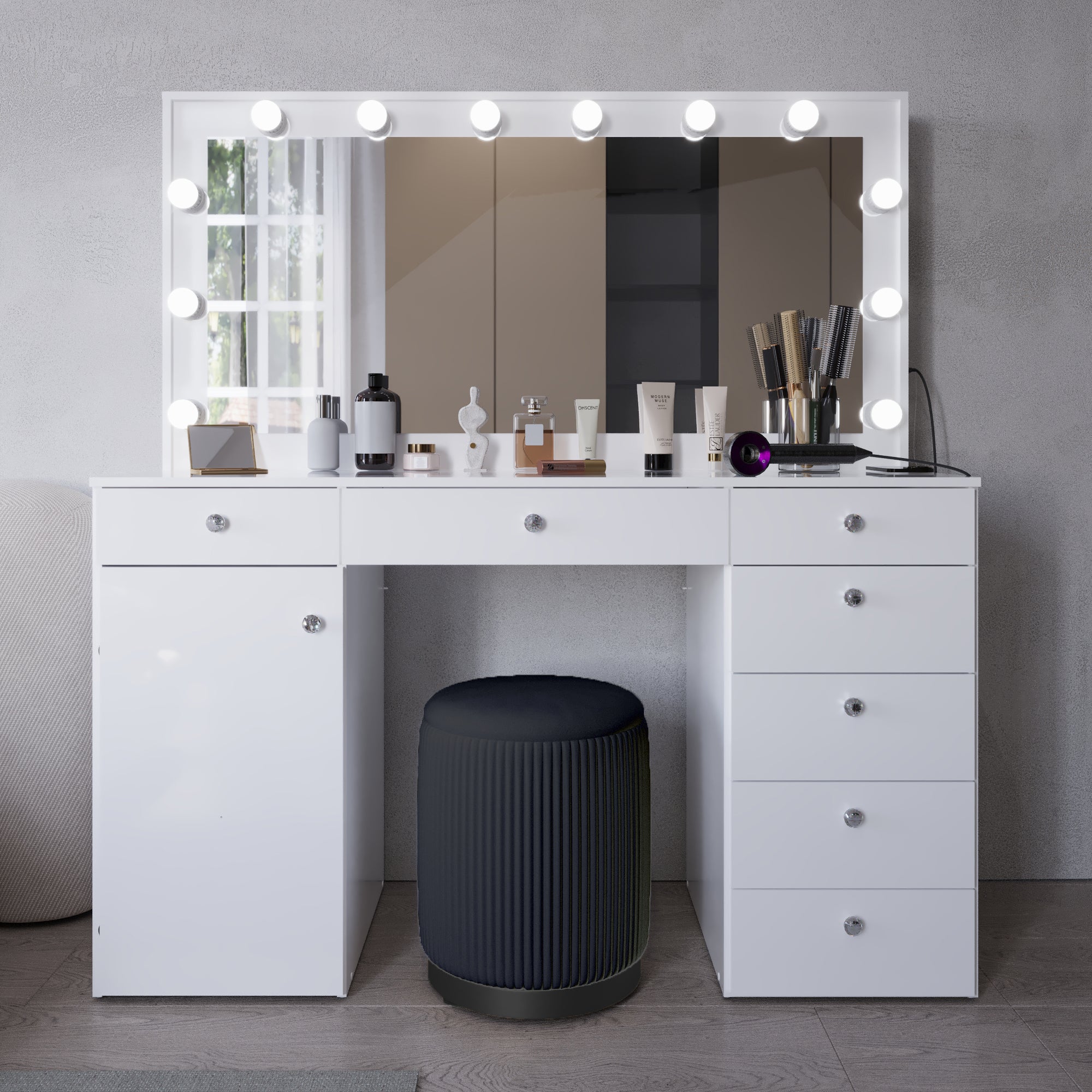 Boahaus Jezebel Lighted Vanity Table with Glass Top | White Premium Design