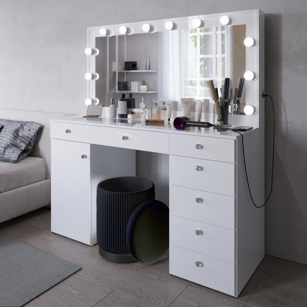 Boahaus Jezebel Lighted Vanity Table with Glass Top | White Premium Design